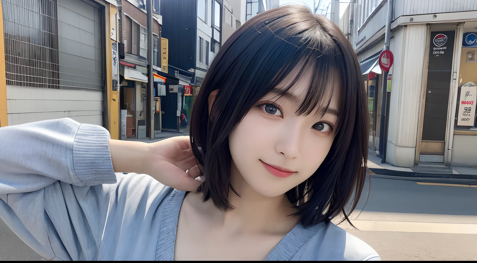 masutepiece, Best Quality, japanaese girl, 8K, Raw photo, top-notch quality, masutepiece, nffsw:1.2, exceptionally detailed RAW color photo, professional-grade photograph, (Realistic, Photorealistic:1.37), (highly detailedskin:1.2), Ultra-high resolution, (lenz 50mm), (masutepiece, top-quality:1.3), (Ultra detailed 8K cg:1.2), (hyper realisitic:1.35), (Photorealistic:1.45), (Realistic:1.4), Cowboy Shot,
1 beautiful Japanese girl, sixteen years old, super model, Japanese Idol, Large breasts, (Fold your hands behind your back:1.1), (Cute in plain clothes:1.4),
(The background is in the town:1.1)Nogizaka Idol、hposing Gravure Idol、女優