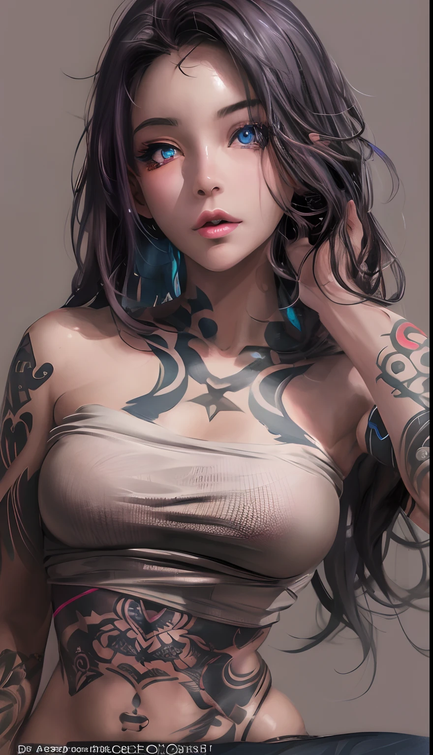Araphedo woman with tattoos on her arm and chest, ig model | ArtGerm, inspired by Yanjun Cheng, artwork in the style of guweiz, seductive tifa lockhart portrait, of taiwanese girl with tattoos, ross tran 8 k, Digital Art. art stations, low details. Digital Painting, deviantart artstation cgscosiety,Sparkling blue eyes,