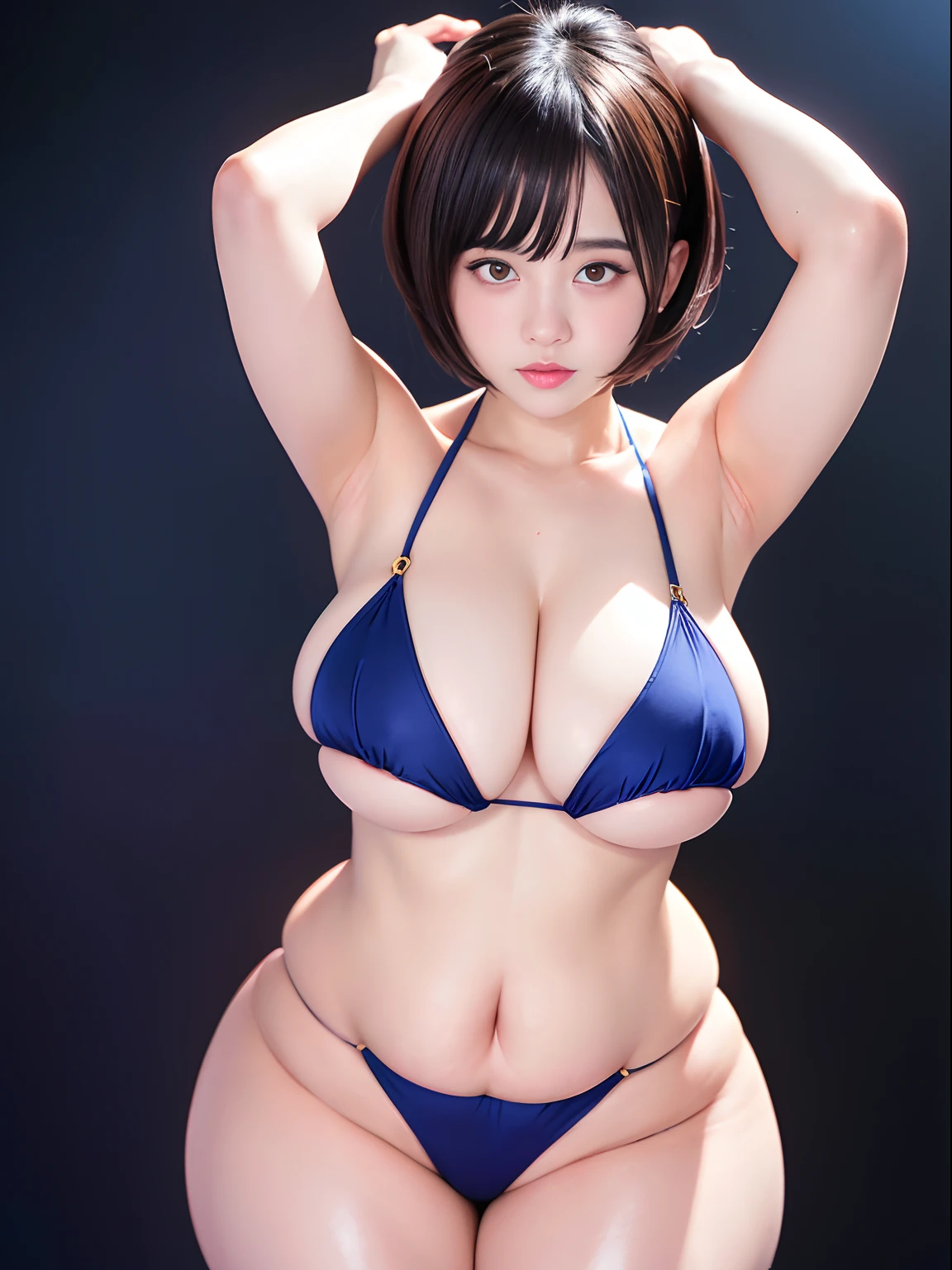 ultra-detailliert、​masterpiece、top-quality、超A high resolution、high-level image quality、(open one's legs、Opening legs:1.3）、maikurobikini、(chubby:1.4)、Colossal tits、Cute Japan person、Hands behind the head、(without background,Background blur)、Shortcut Hair、