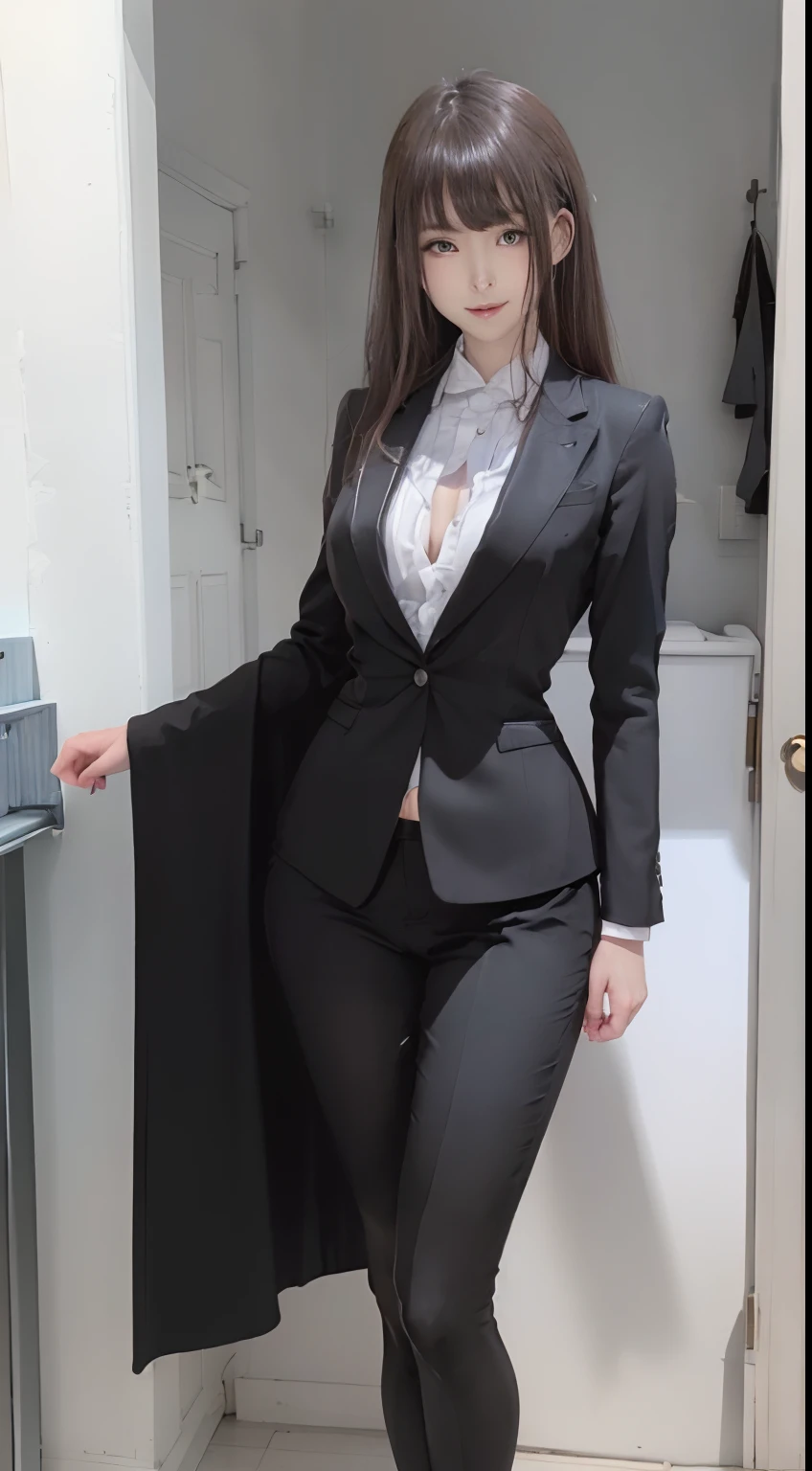 ((face perfect)), Looking here, Standing, legs are open、shining white skin、(A slight smil:1.5), (In a black suit:1.4), (((Full body like)))、((tmasterpiece))、 super fine face and eyes,thin and long legs, Straight long hair, Colossal tits