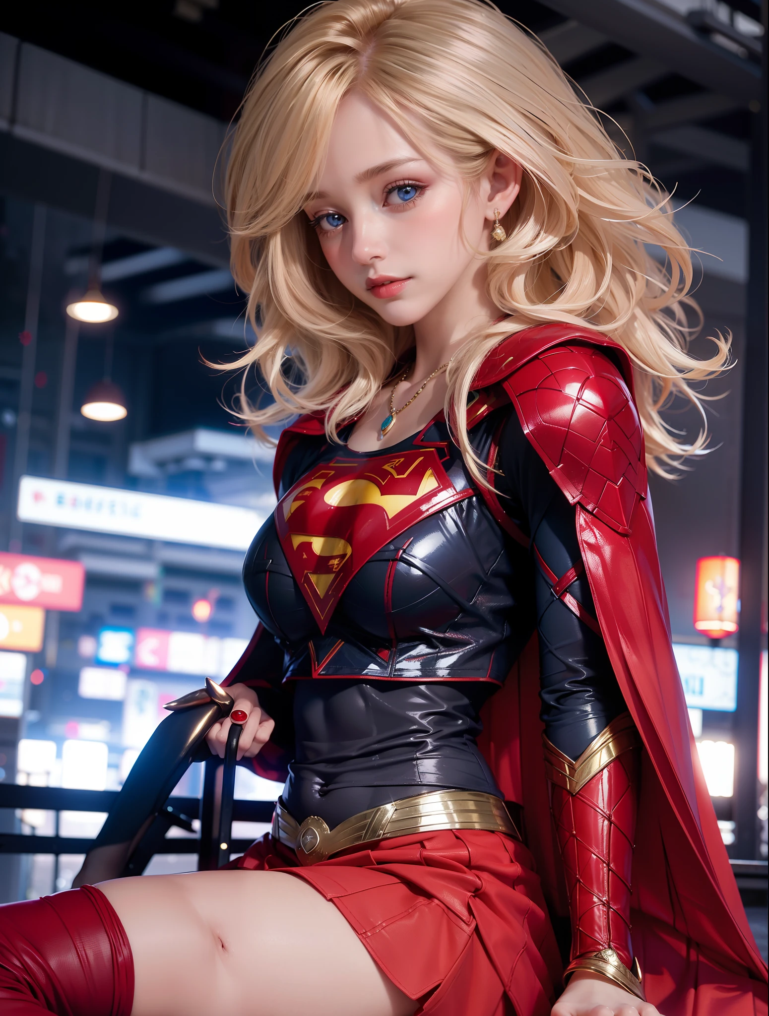 masterpiece, 4k, 8k, high quality, highly detailed, detailed face, HDR, vivid colors, natural lighting, Best Shadows, Shallow Depth of Field, Portrait of (Supergirl:1.1) standing on a rooftop, smiling, red skirt, red cape, red boots with heels, delicate, alluring blue eyes, lovely medium breasts, blonde, (Superman symbol on chest:1.2), bare legs, open navel, blue sky, sunlight, clouds, sun, bloom,