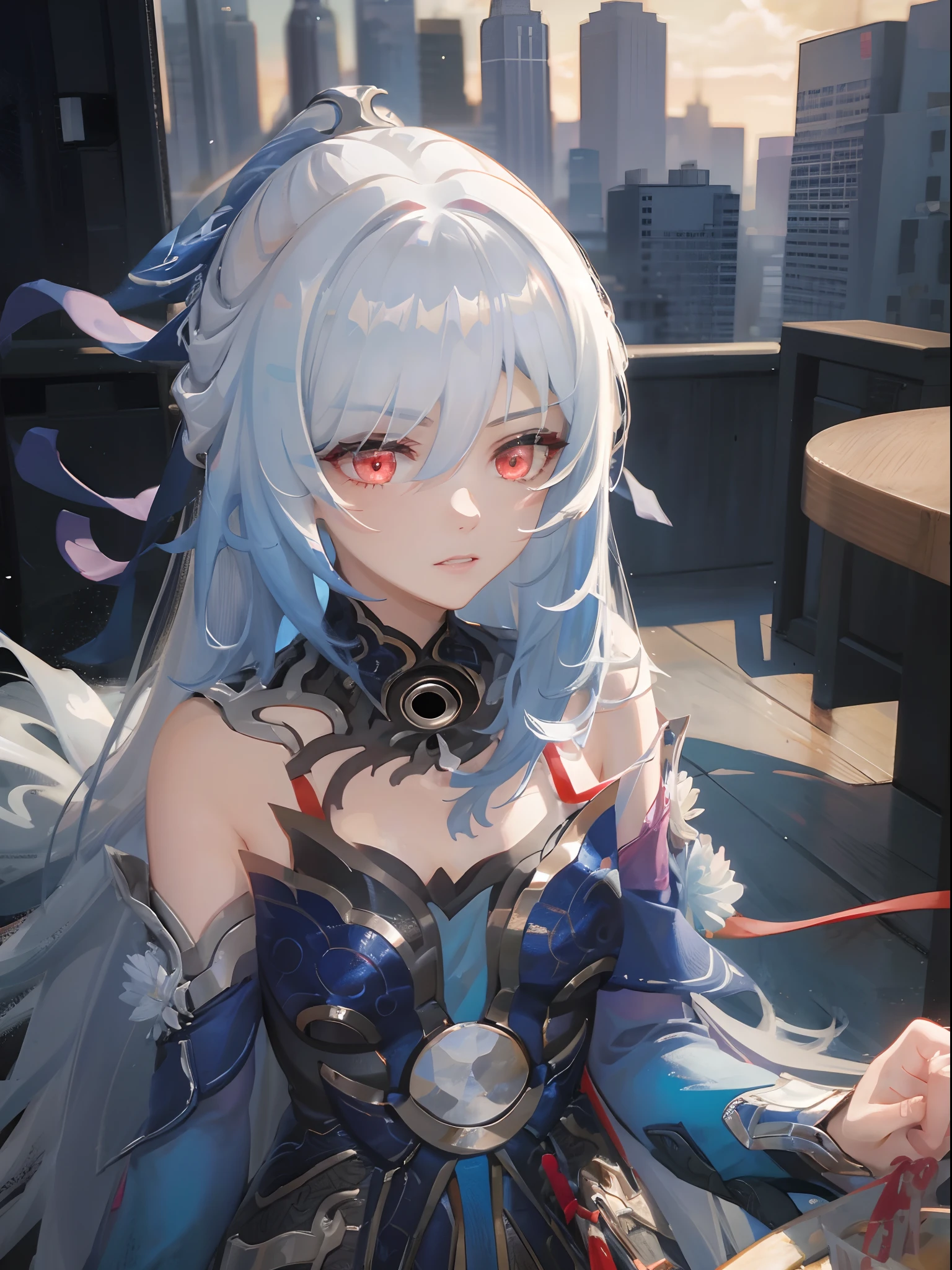 best quality, masterpiece, 1girl, red eyes, tied up light blue hair