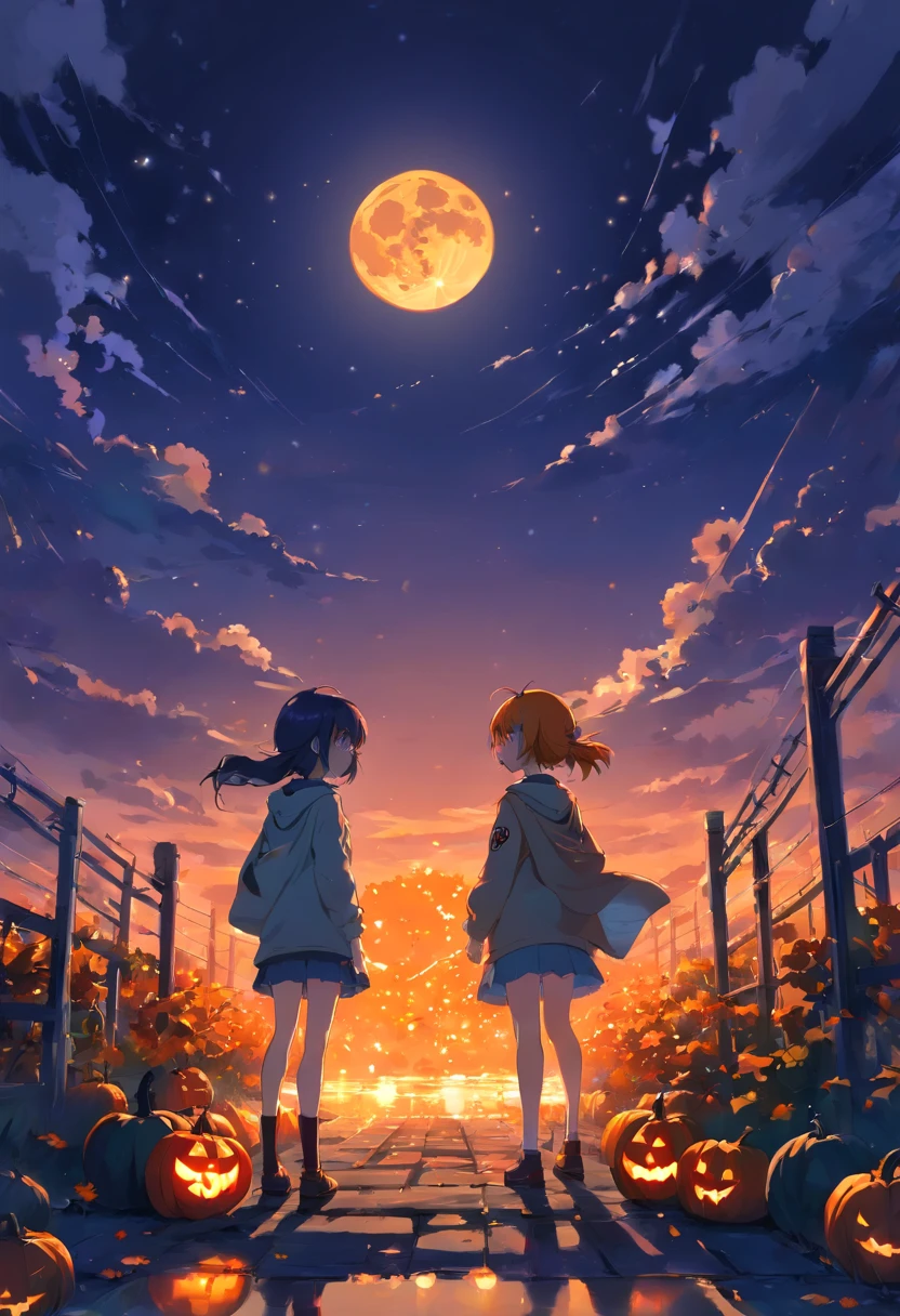 Anime Background、Halloween Backgrounds、landscapes、low angles、View from below、Shining Full Moon、Bright atmosphere、Bright night、Full Moon Night、starrysky、the bats、Pumpkin field、gradients、Orange Lighting、Halloween Floating Lights, glowing lights, Intermediate metaverse elements,Digital Painting, Glowing reflections, pondering, Halloween Jack-o'-lantern, calm night, Digital Illustration, Beautiful atmosphere, Skylight at night, Calm evening atmosphere, Jack-o'-lantern, Halloween, the night, themoon, The game scene, Halloween, Surrounded by clouds,gorgeous colors, ( (Splash ink ) ), ((Splash ink) inky})), high quarity, Beautiful graphics、no human figures