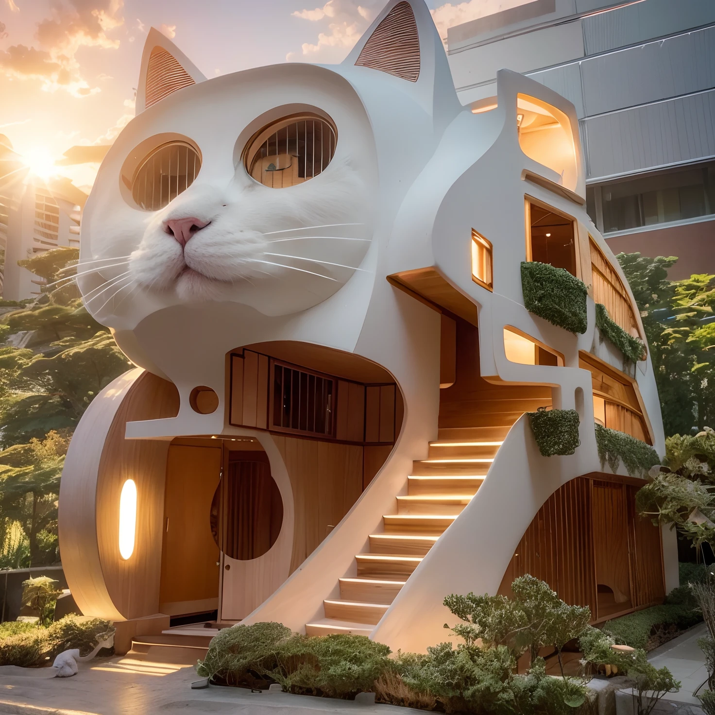 arafed cat house in the shape of a cat's head, unique architecture!, unique architecture, cat design, awesome cat, cat tower, kawaii cat, stunning architecture, adorable design, cats! are around, anime cat, cat masterpiece, great architecture, beatiful house, beautiful architecture, japanese architecture, inspirational architecture, architecture art, epic architecture