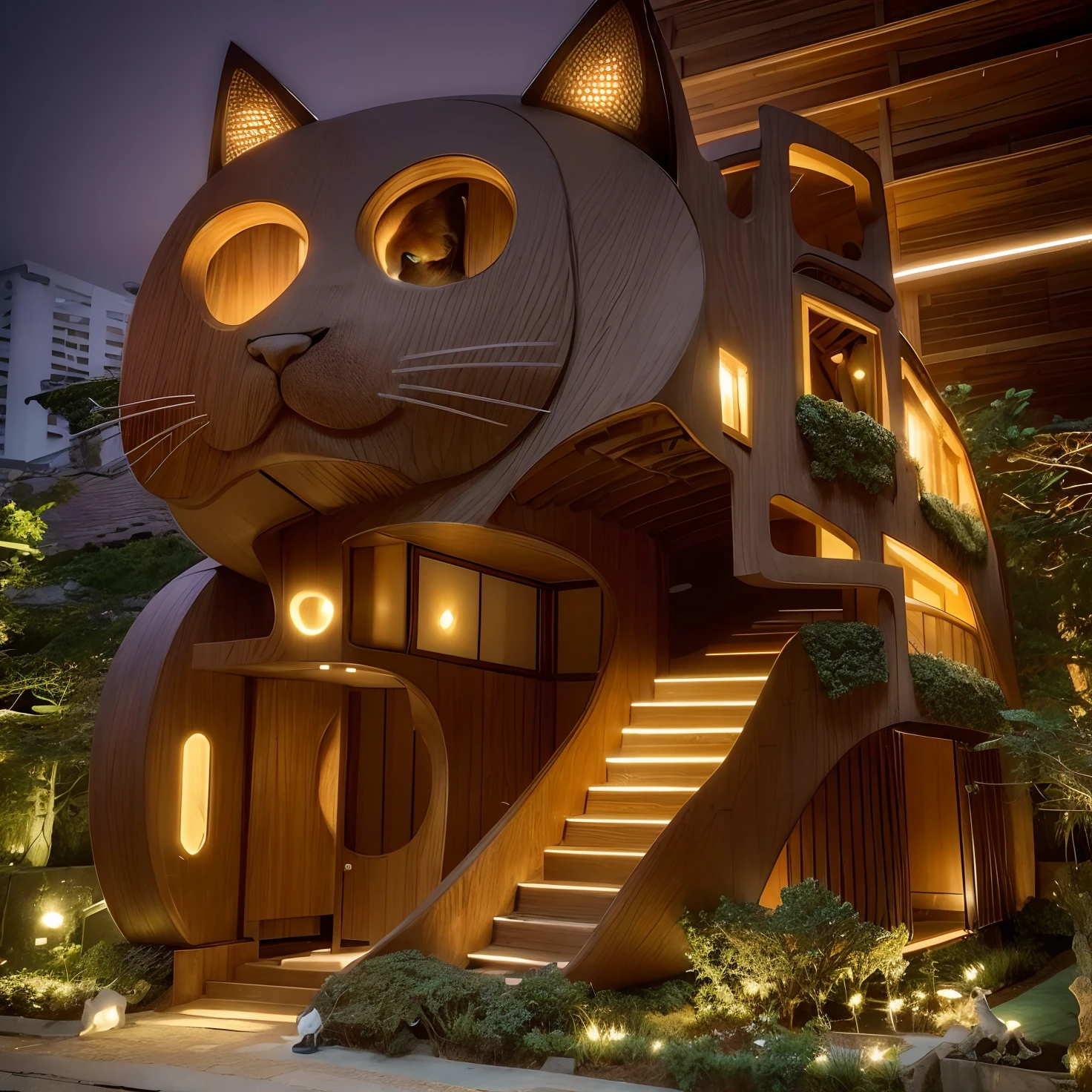 arafed cat house in the shape of a cat's head, unique architecture!, unique architecture, cat design, awesome cat, cat tower, kawaii cat, stunning architecture, adorable design, cats! are around, anime cat, cat masterpiece, great architecture, beatiful house, beautiful architecture, japanese architecture, inspirational architecture, architecture art, epic architecture