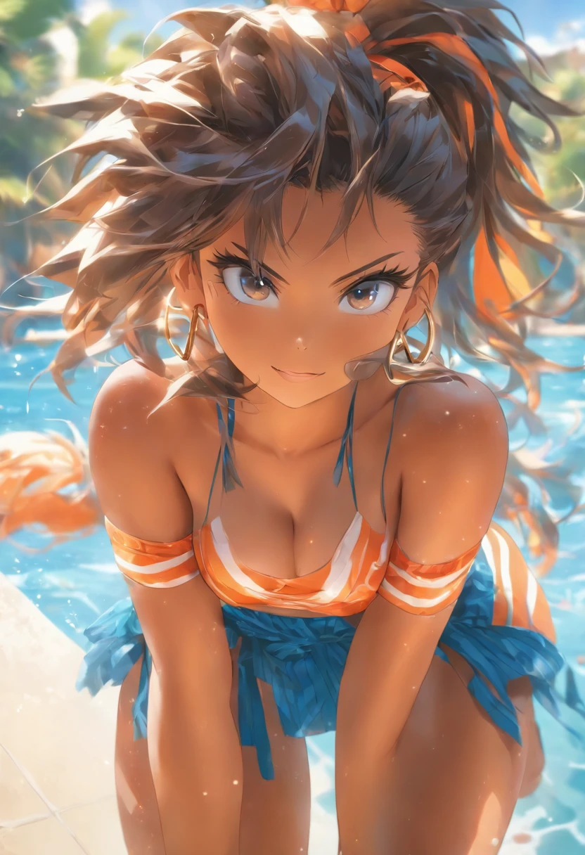 Anime girl in a thong, huge ass, big breasts, tanned brown skin, fit body, from behind, blushed face, sexy face, blue and orange panties, blue and orange bra, by a pool, long blue and black striped hair, blue eyes, hoop earrings, armlets, sexy