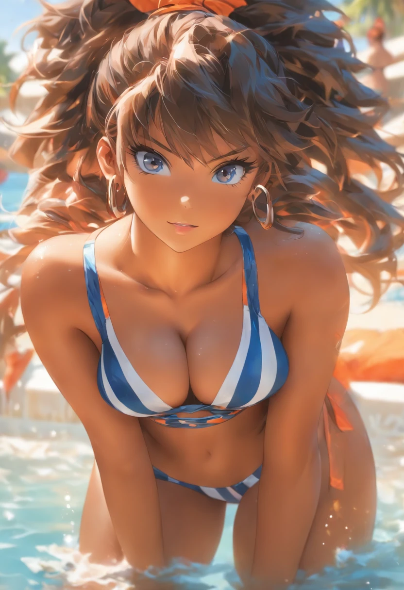 Anime girl in a thong, huge ass, big breasts, tanned brown skin, fit body, from behind, blushed face, sexy face, blue and orange panties, blue and orange bra, by a pool, long blue and black striped hair, blue eyes, hoop earrings, armlets, sexy