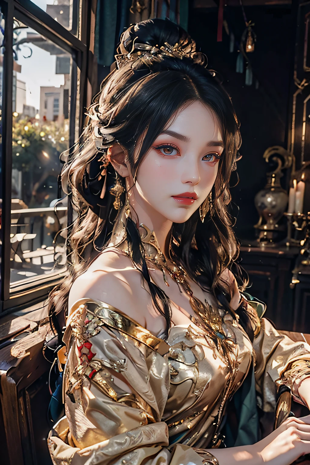 Top quality work，Photorealistic works，Ultra Premium Graphics，8K HD CG works，High-quality graphics，High-definition fine CG works，10x pixel，Ultra-fine details：1.1，Advanced technical details：1.1Photographically realistic，超A high resolution ,Transparent hair，High Detail Hair（Premium Hair Detail：1.1）Clear eyes，Good looking double eyelids，Sharp eye makeup, Delicate makeup for eyelashes, Thin eyebrows, ultradetailed eyes，High Nose, lovely red lips, Rose cheeks, Face with delicate makeup , Pretty Face, A perfectly proportioned face,（Advanced facial details：1.1）, Women's Artwork，full-body view，Goddess of Dress，，amazing，Today's eyes are bright The perfect presentation of Midjourney art style, gold holy clothes, gold armor, helmets