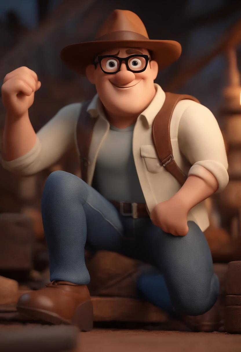 Cartoon character of a man with black glasses, CALVO, corpo gordo, com camisa azul escura, Denim Jeans Pants, animation character, com uma fazenda com um campo de milho ao fundo e silos de armazenamento escrito Perozin, Caractere estilizado, animation style rendering, 3D estilizado, Arnold Maya render, 3 drenderização estilizada, toon render keyshot, Personagem 3D, Personagem 3D, 3d rendering stylized, 3 d character render, personagem de desenho animado, Personagem de close up, Pose de personagem, (Estilo Pixar) (master part:1.2) (Bokeh) (melhor qualidade) (pele detalhada) (textura detalhada) (8k) (argila) (Cinematic lighting) (foco nítido