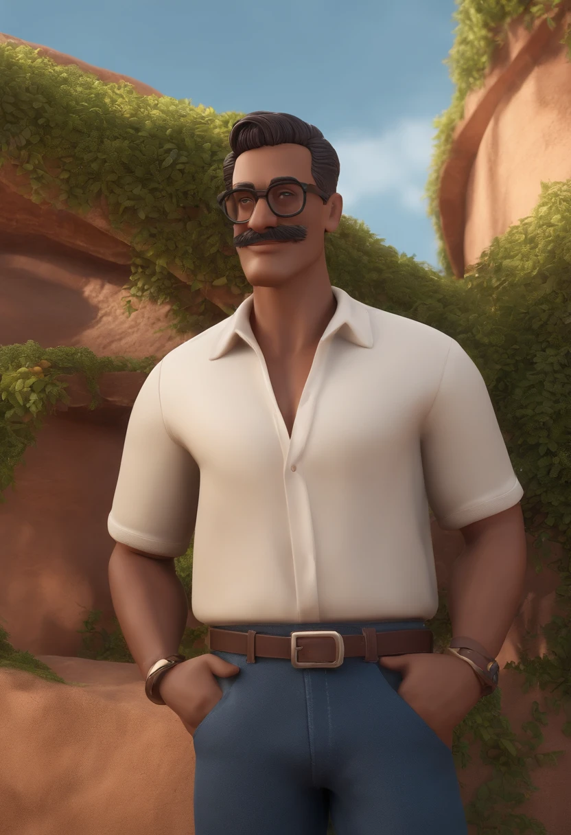 Cartoon character of a man with black glasses, CALVO, corpo gordo, com camisa azul escura, Denim Jeans Pants, animation character, com uma fazenda com um campo de milho ao fundo e silos de armazenamento escrito Perozin, Caractere estilizado, animation style rendering, 3D estilizado, Arnold Maya render, 3 drenderização estilizada, toon render keyshot, Personagem 3D, Personagem 3D, 3d rendering stylized, 3 d character render, personagem de desenho animado, Personagem de close up, Pose de personagem, (Estilo Pixar) (master part:1.2) (Bokeh) (melhor qualidade) (pele detalhada) (textura detalhada) (8k) (argila) (Cinematic lighting) (foco nítido
