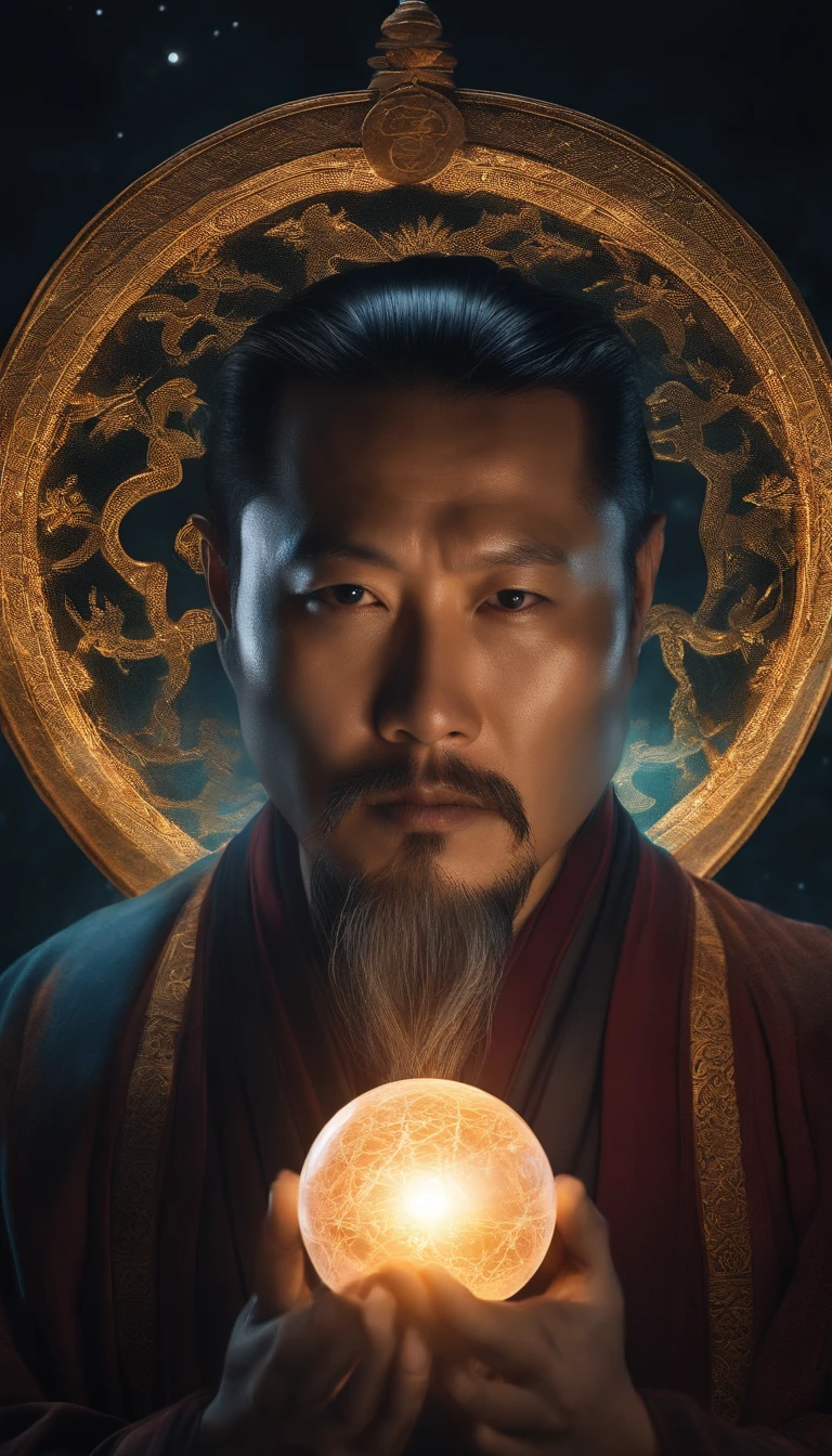 Close up portrait of 35 year old middle aged asian man，Holding a glowing ball in your hand, Portrait of a character inspired by Hu Zangbin, Shutter Stock, magic realism,  Master of Taoism,Taoist, spell casting wizard, staring directly at camera，Cross-legged meditate, at centre，Clear facial features，Very bright colors, light Particle, with light glowing, Mushiv, Wallpaper Art, UHD Wallpapers