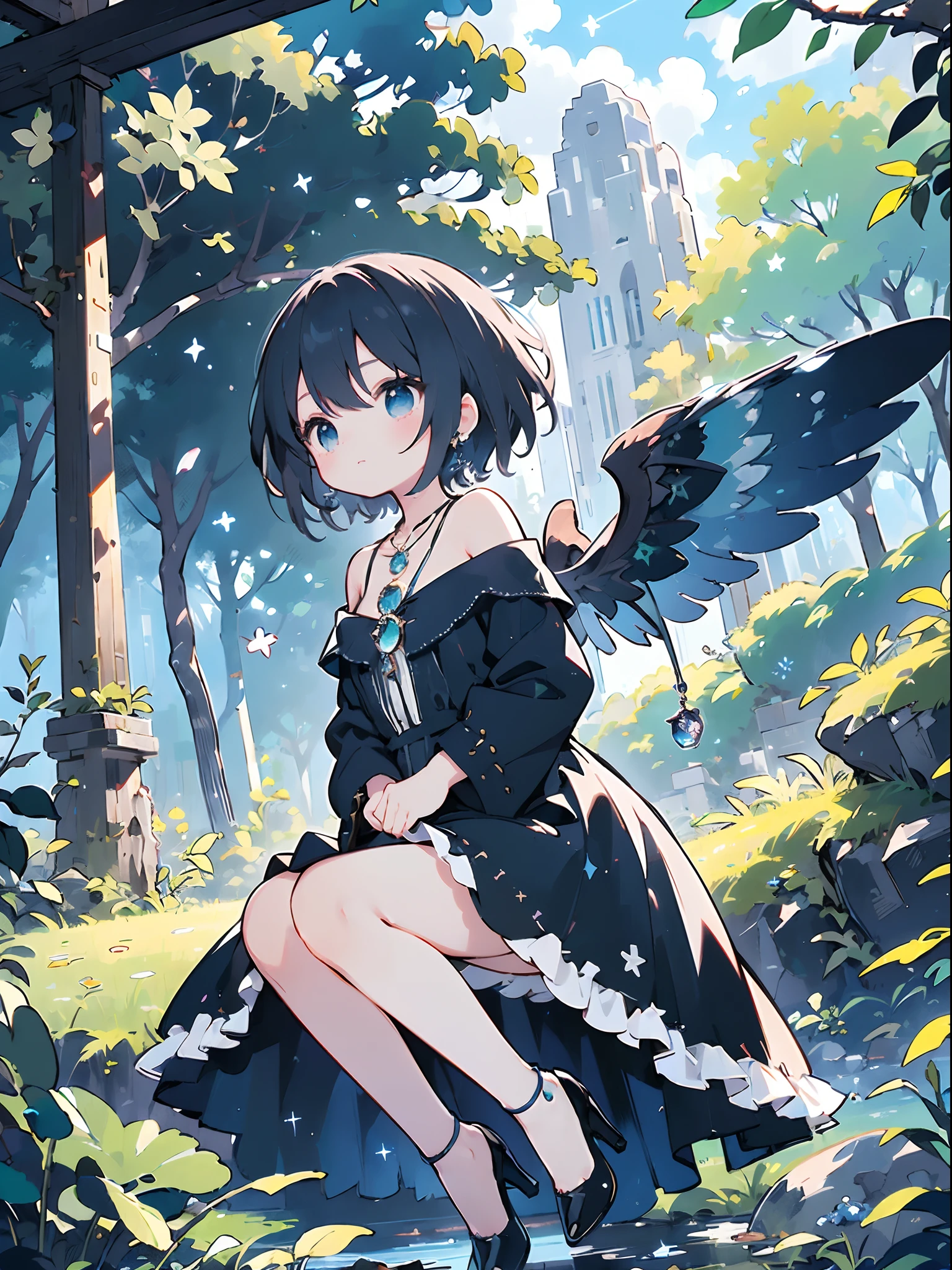 (masutepiece, Best Quality:1.2), 1girl in, Solo, Cute, kawaii, Digital Art, Magic Circle, Very short hair of dark blue color, finely detailed eyes, Delicate makeup,frilly dress, Black color scheme, high-heels, Black gloves, Large Gemstone Necklace, tiarra, Wield a wand,forest,Wings,Trees, mosses, Moonlight passing through the leaves, leaves falling, Soto, boulders, River, Bridge, Night clouds, Starry sky, Windy, Rustling leaves,