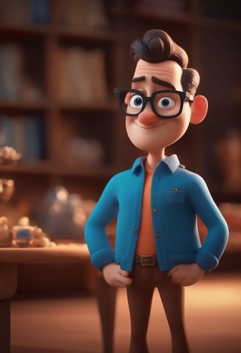 Cartoon character of a man with black glasses and a blue shirt, animation character, Caractere estilizado, animation style rendering, 3D estilizado, Arnold Maya render, 3 d render stylized, toon render keyshot, Personagem 3D, Personagem 3D, 3d rendering stylized, 3 d character render, personagem de desenho animado, Personagem de close up, Pose de personagem,  (Estilo Pixar) (master part:1.2) (Bokeh) (best quality) (pele detalhada) (textura detalhada) (8k) (argila) (Cinematic lighting) (foco nítido
