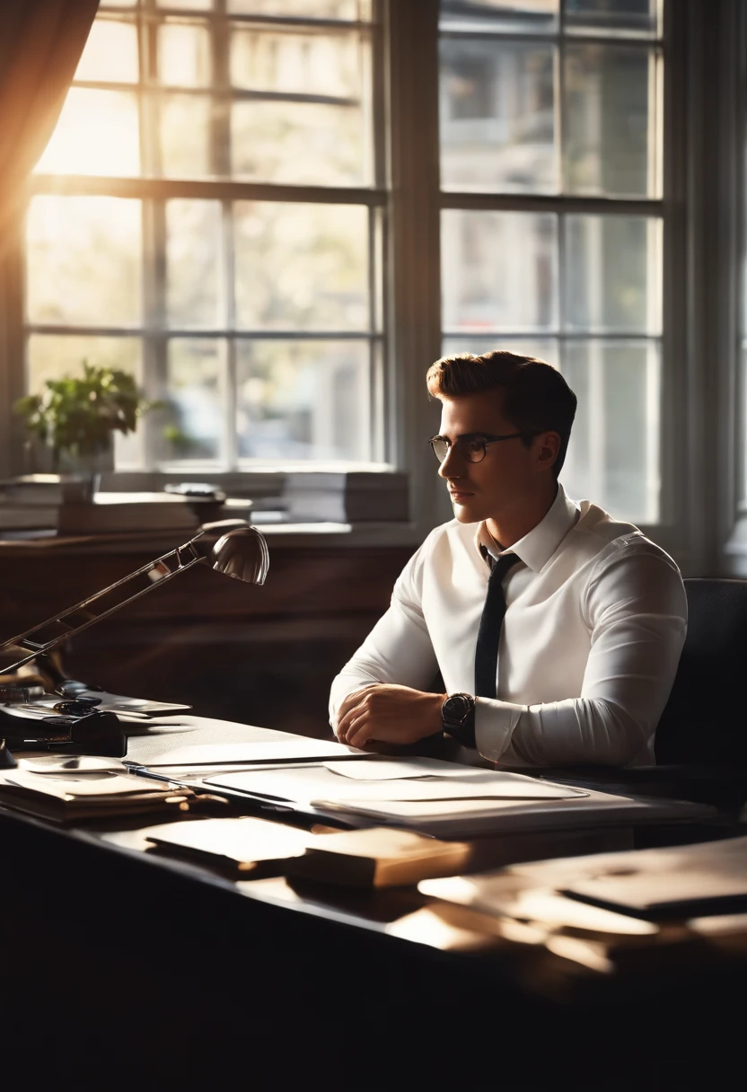 Young man sitting at his office desk with cinematic lighting waiting for his partners for meeting. estilo filmes Pixar, Com nome "PIXAR", poster, with credits