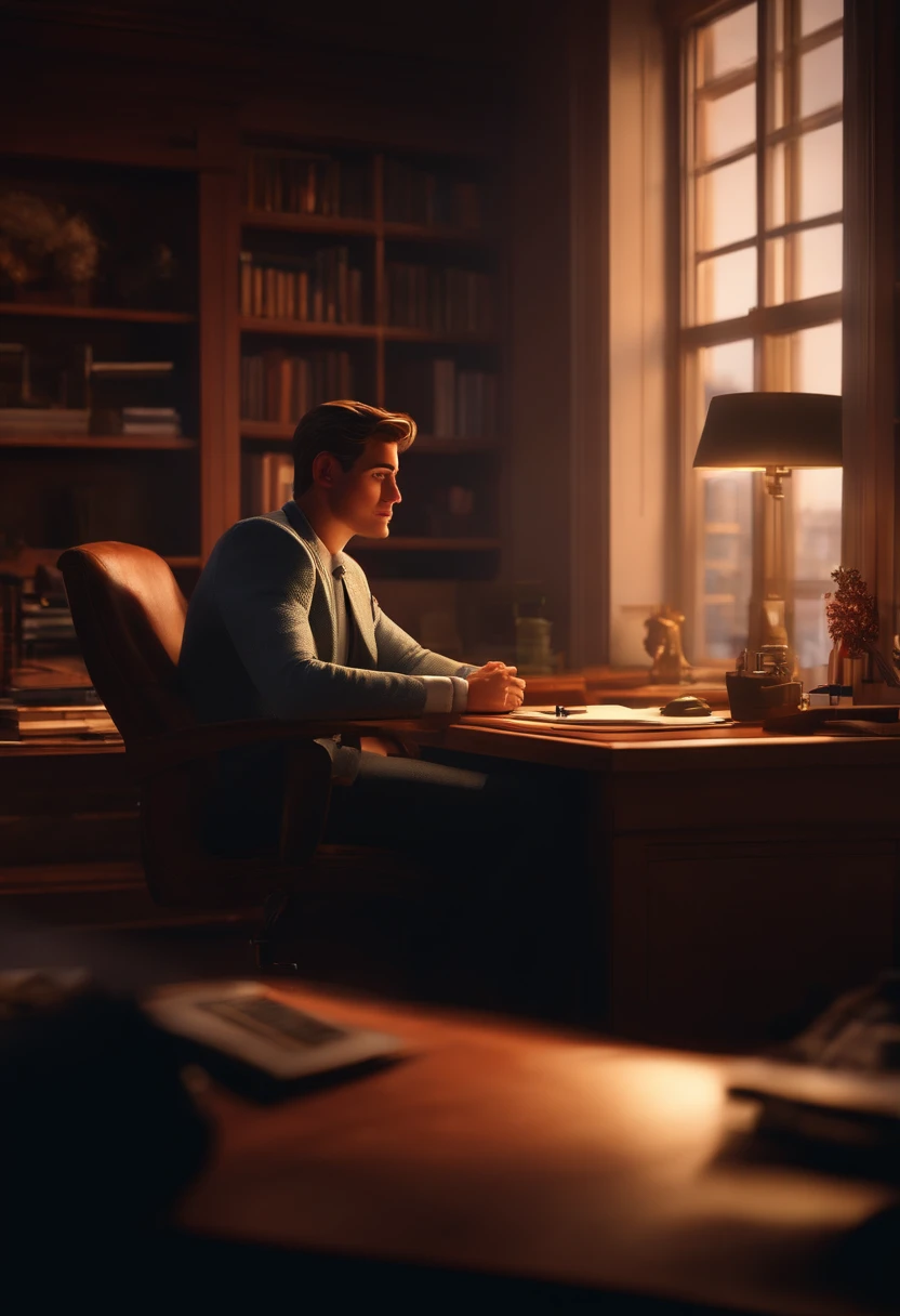 Young man sitting at his office desk with cinematic lighting waiting for his partners for meeting. estilo filmes Pixar, Com nome "PIXAR", poster, with credits