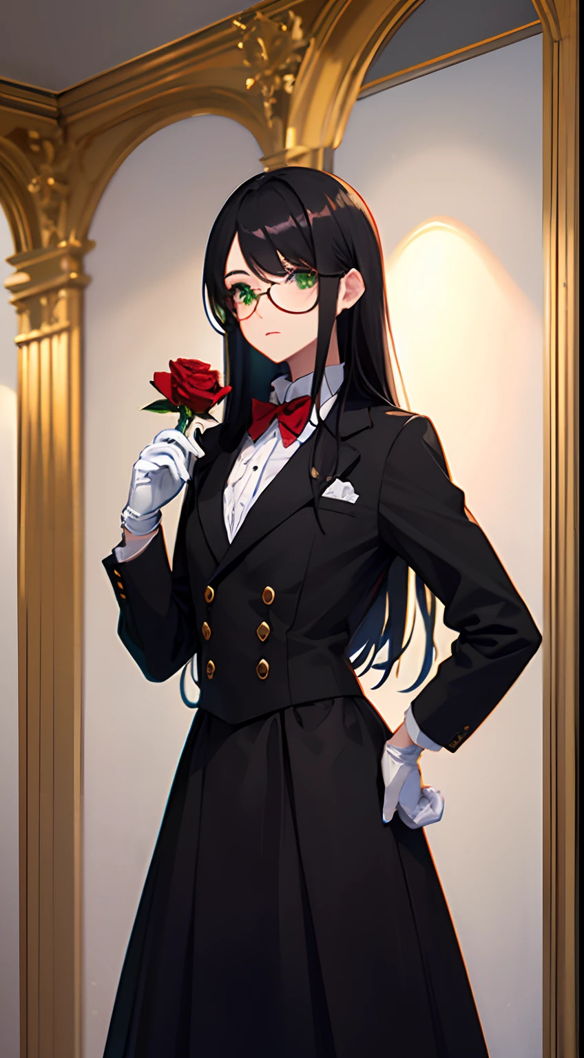 Long black hair, green eyes, black dress, red bow tie, white gloves, monocle, holding a rose, British style