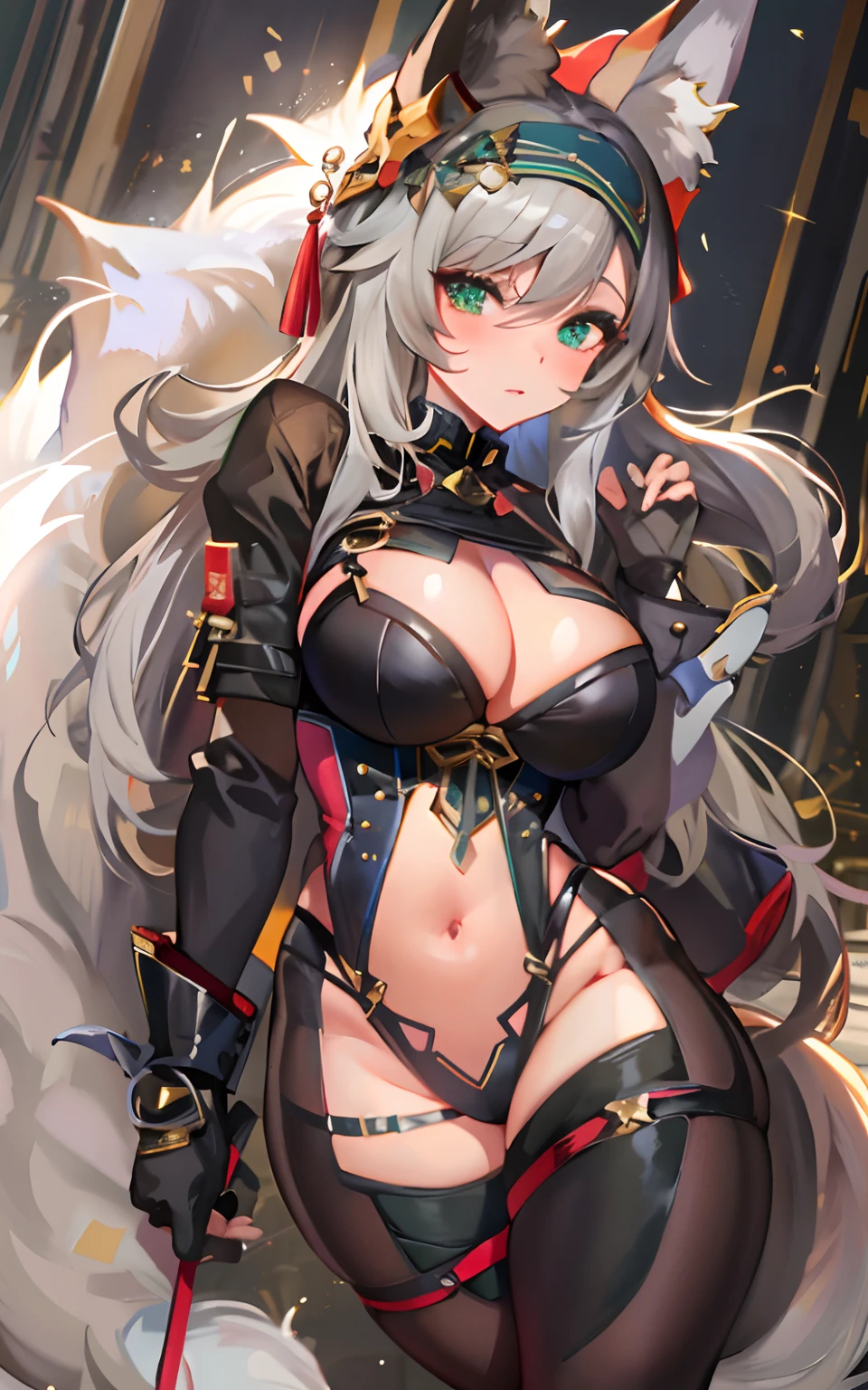 (Masterpiece: 1.5), (Best Quality: 1.5), Perfect Eyes, Perfect Face, Volumetric Lighting, 1 Woman, Mature Woman, (Whiteness: 5), fox ears, fox tail, dark brown hair, green eyes, long hair, high leg g string, corset, leather, massive breasts, massive cleavage, BDSM, submissive, blushing, thick thighs, wide hips,