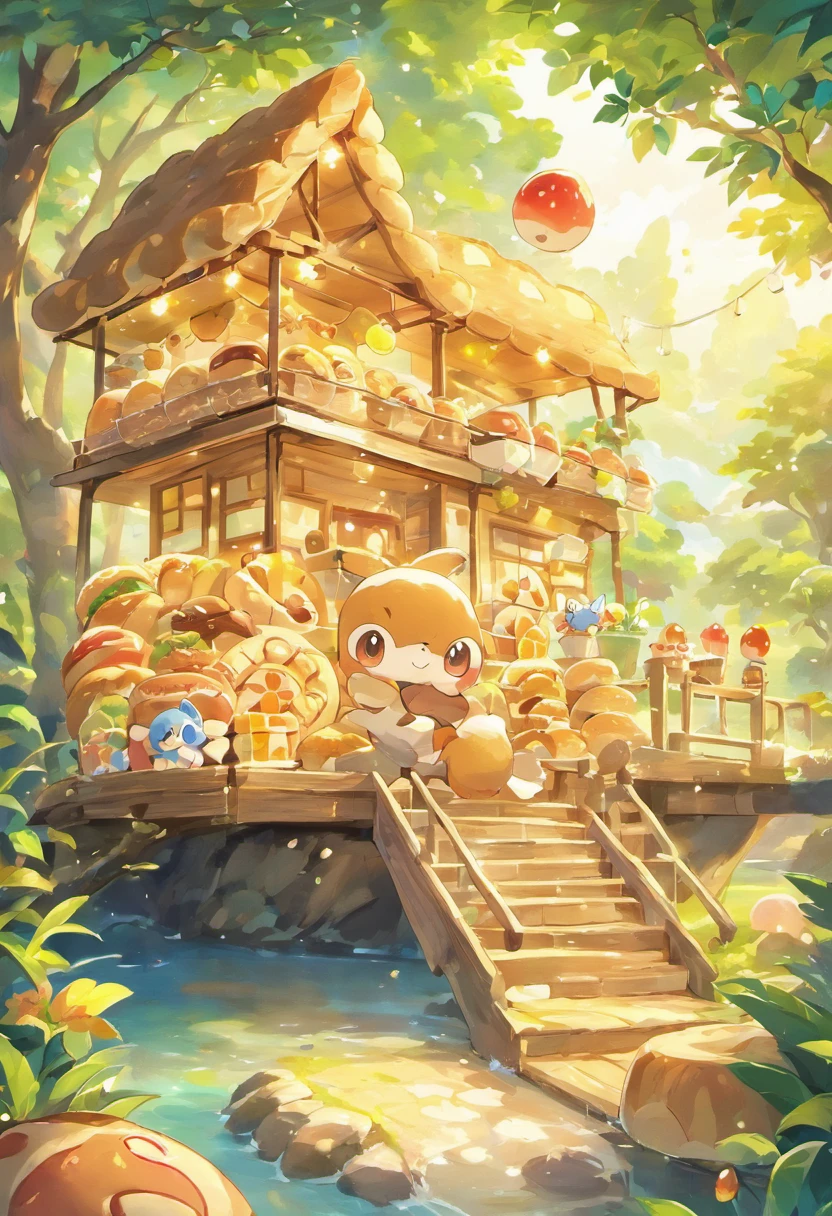 A night scene in a country where everything is made of bread、A train made of bread has a donut tire、Bread is growing on a tree、There is a faucet on the wood where you can put cream in it.、Honey Waterfall、Milk Lake、Jam jar Ferris wheel、Melon bread parasol、A house made of bread、A sparkling fantasy world、top-quality、​masterpiece、