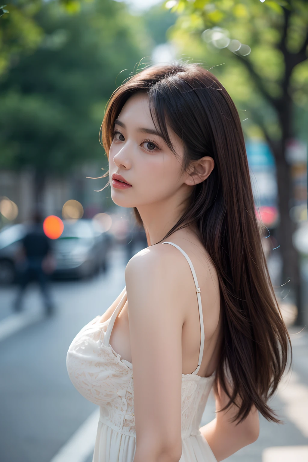 (Best quality, 8K, 32 k, Masterpiece, hyper HD:1.2), Photorealistic:1.37,Photo masterpiece, Best quality, RAW photogr, hyper HD, 1girll, Long hair, sparkling hair,Brown hair, attractive cleavage, White dress, [Messy half-ponytail|bobcut] middle_parting_Hairstyles, Look up at the viewer, In the street, intricately details, Detailed background, Detailed skins, pores, A high resolution, hdr, Look up at the viewer, from the front side, Full body focus, street snap, Depth of field, Detailed details, Anatomically accurate., (Photorealistic, BAPV:1.3), (The upper body of the lumbar frame:1.2), Renaissance background, Natural lighting, Golden_rate, Shot with Kodak Vision3 IMAX, Fuji colors_Because_film