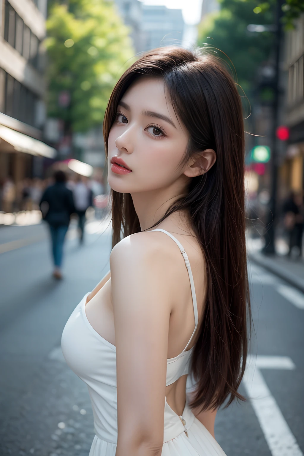 (Best quality, 8K, 32 k, Masterpiece, hyper HD:1.2), Photorealistic:1.37,Photo masterpiece, Best quality, RAW photogr, hyper HD, 1girll, Long hair, sparkling hair,Brown hair, attractive cleavage, White dress, [Messy half-ponytail|bobcut] middle_parting_Hairstyles, Look up at the viewer, In the street, intricately details, Detailed background, Detailed skins, pores, A high resolution, hdr, Look up at the viewer, from the front side, Full body focus, street snap, Depth of field, Detailed details, Anatomically accurate., (Photorealistic, BAPV:1.3), (The upper body of the lumbar frame:1.2), Renaissance background, Natural lighting, Golden_rate, Shot with Kodak Vision3 IMAX, Fuji colors_Because_film