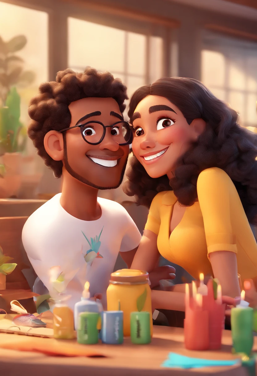 An illustration of an adorable couple, Highlight for a chubby mulatto man with glasses smiling and a brunette woman with beautiful expressive eyes - the man's skin is mulatto and the man's hair haswhile the woman's skin is black and the woman's hair is straight and brown. They are a bright room, cada um com um sorriso no rosto, e compartilhar um momento especial caracterizado pelo amor, Insights. Illustrate this scene from a perspective where they are facing the camera, Smiling and Showing Your Connection. Desenvolva esta arte em Full HD, Focus on your cinematic touch, Estilo Disney Pixar Animations
