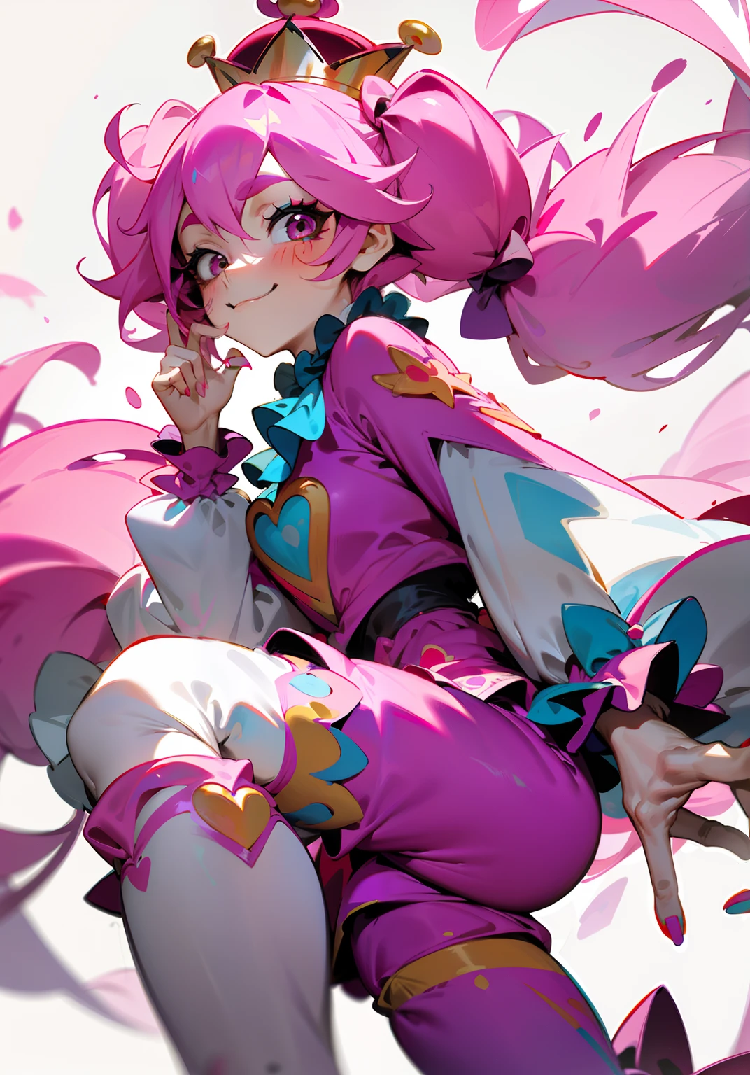 1GIRL, insane girl in long pink hair, crown, princess bubblegum style, finely detailed, (best quality), (intricate details), cute style, loli, jester style, multicolored, ((long pink messiest hair in pigtails)), best quality, ((long sleeve shirt and shorts)), ((red and white clothes)), ((jester style clothes)), ((thigh high socks)), ((round eyes)), ((has jester makeup)), beautiful face, happy, cute face, pinup, perfect face, simple background portrait, clowh hear cards, bubble gums