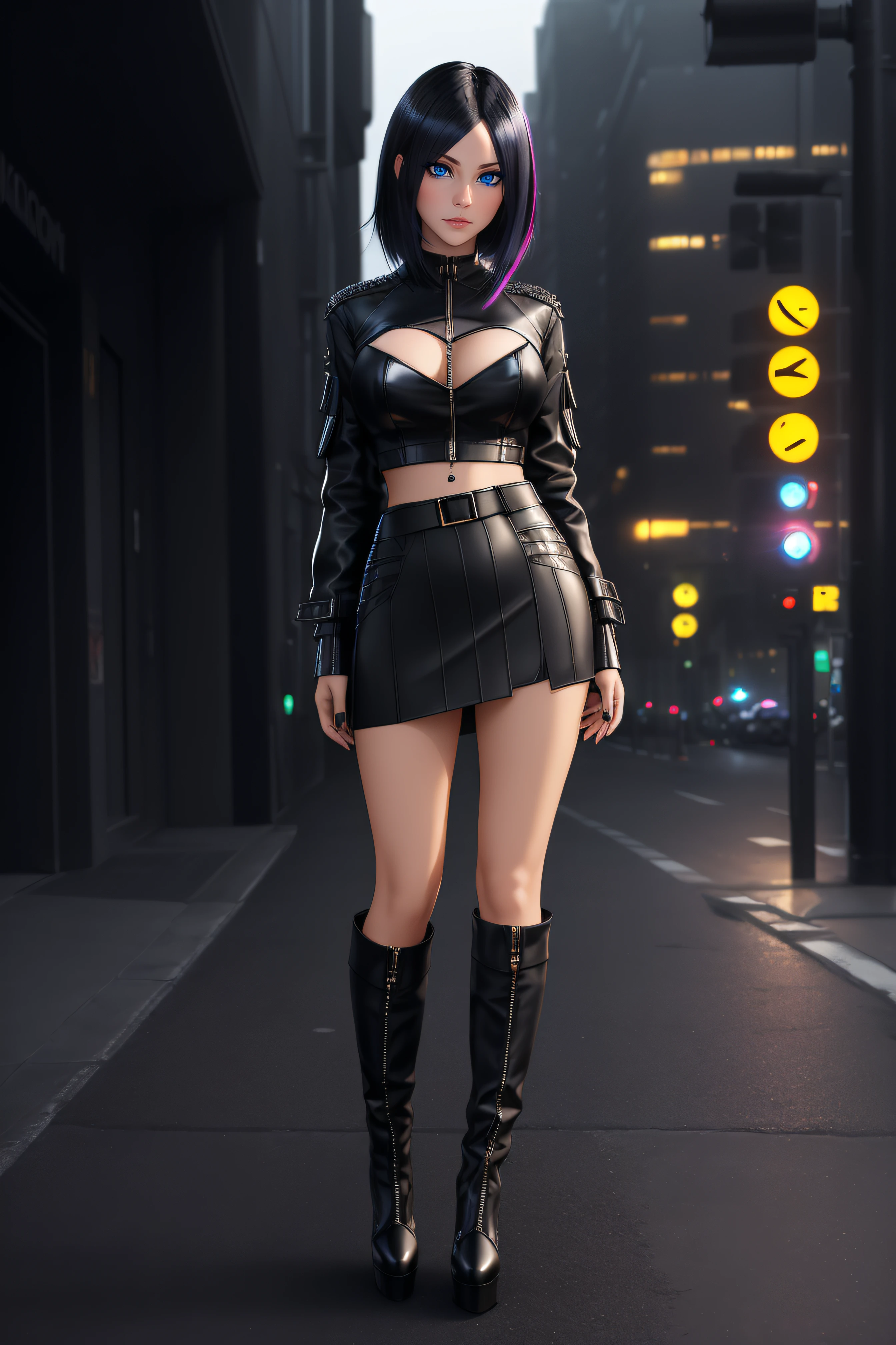 beautiful girl, ((standing:1.4)), (confident gaze:1.1), full body, short bright neon streaked black hair, ((realistic highly detailed eyes:1.4)), ((seductive pose:1.2)), black eyeshadow, (street style wear:1.2), ((short skirt)), ((knee high leather boots)), (dark city night black background:1.4), dark makeup, digital art, trending on artstation, highly detailed, fine detail, intricate, detailed facial features, sharp focus, smooth, aesthetic,