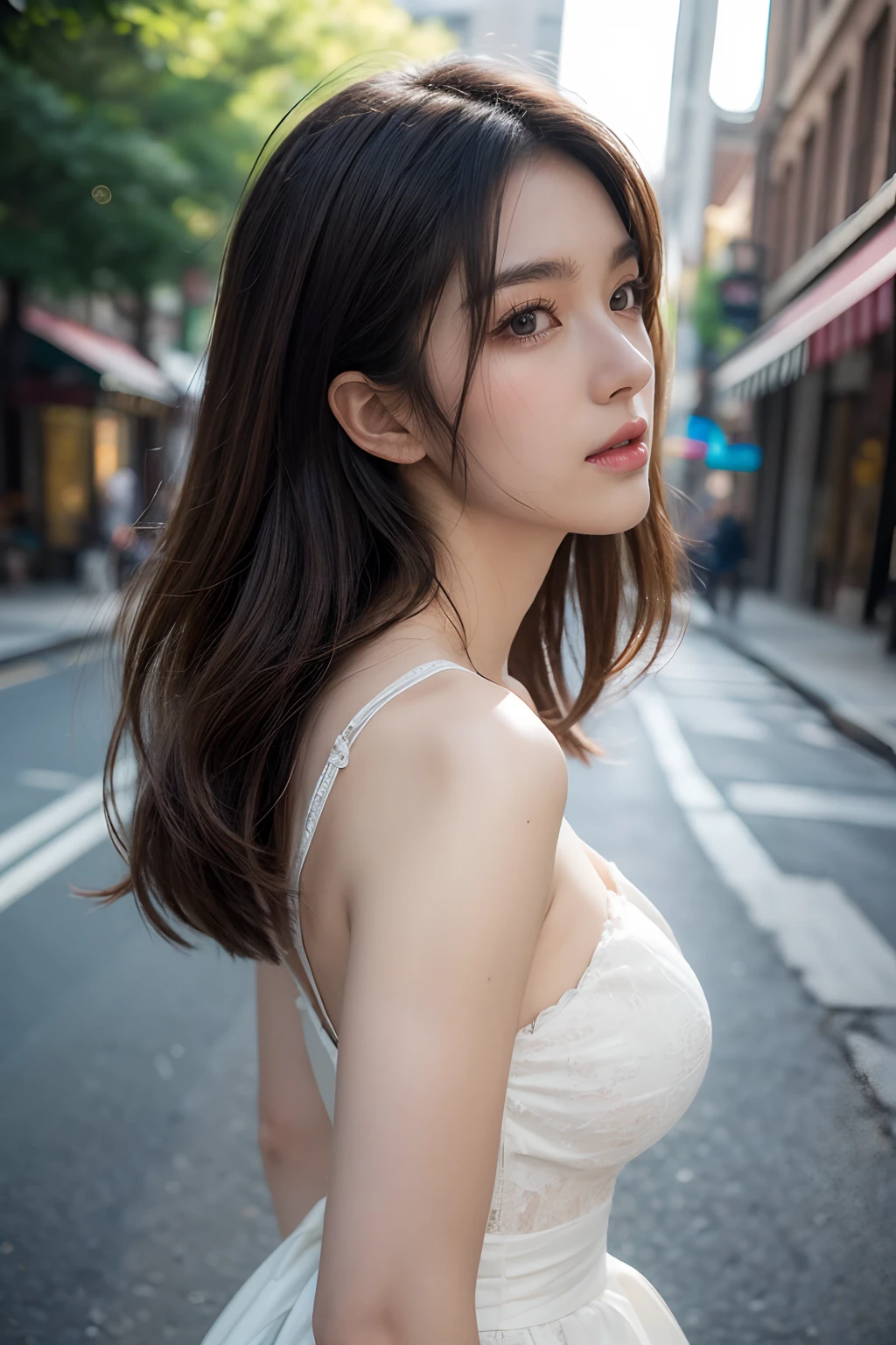 (Best quality, 8K, 32 k, Masterpiece, hyper HD:1.2), Photorealistic:1.37,Photo masterpiece, Best quality, RAW photogr, hyper HD, 1girll, Long hair, sparkling hair,Brown hair, attractive cleavage, White dress, [Messy half-ponytail|bobcut] middle_parting_Hairstyles, Look up at the viewer, In the street, intricately details, Detailed background, Detailed skins, pores, A high resolution, hdr, Look up at the viewer, from the front side, Full body focus, street snap, Depth of field, Detailed details, Anatomically accurate., (Photorealistic, BAPV:1.3), (The upper body of the lumbar frame:1.2), Renaissance background, Natural lighting, Golden_rate, Shot with Kodak Vision3 IMAX, Fuji colors_Because_film