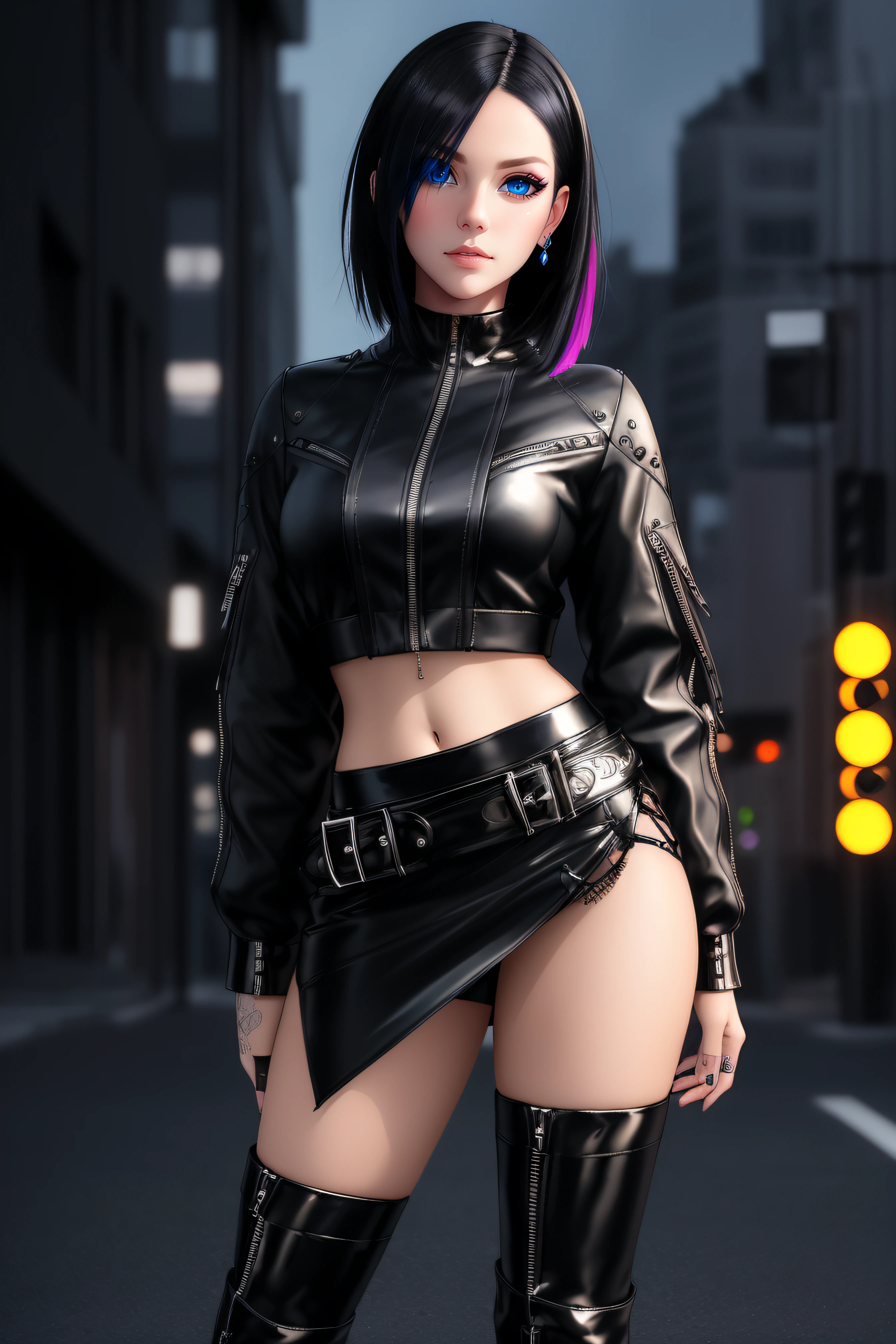 beautiful girl, ((standing:1.4)), (confident gaze:1.1), full body, short bright neon streaked black hair, ((realistic highly detailed eyes:1.4)), ((seductive pose:1.2)), black eyeshadow, (street style wear:1.2), ((short skirt)), ((knee high leather boots)), (dark city night black background:1.4), dark makeup, digital art, trending on artstation, highly detailed, fine detail, intricate, detailed facial features, sharp focus, smooth, aesthetic,
