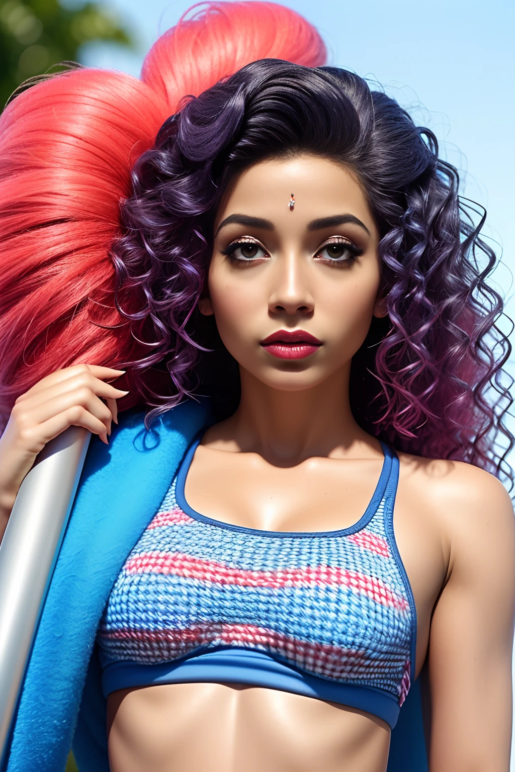 1Latina girl,swimming pools, <lora:add_detail:0.7><lora:sxz-loba:0.7>,bikini, jacket,(colored hair), braids, makeup, choker, cleavage ,