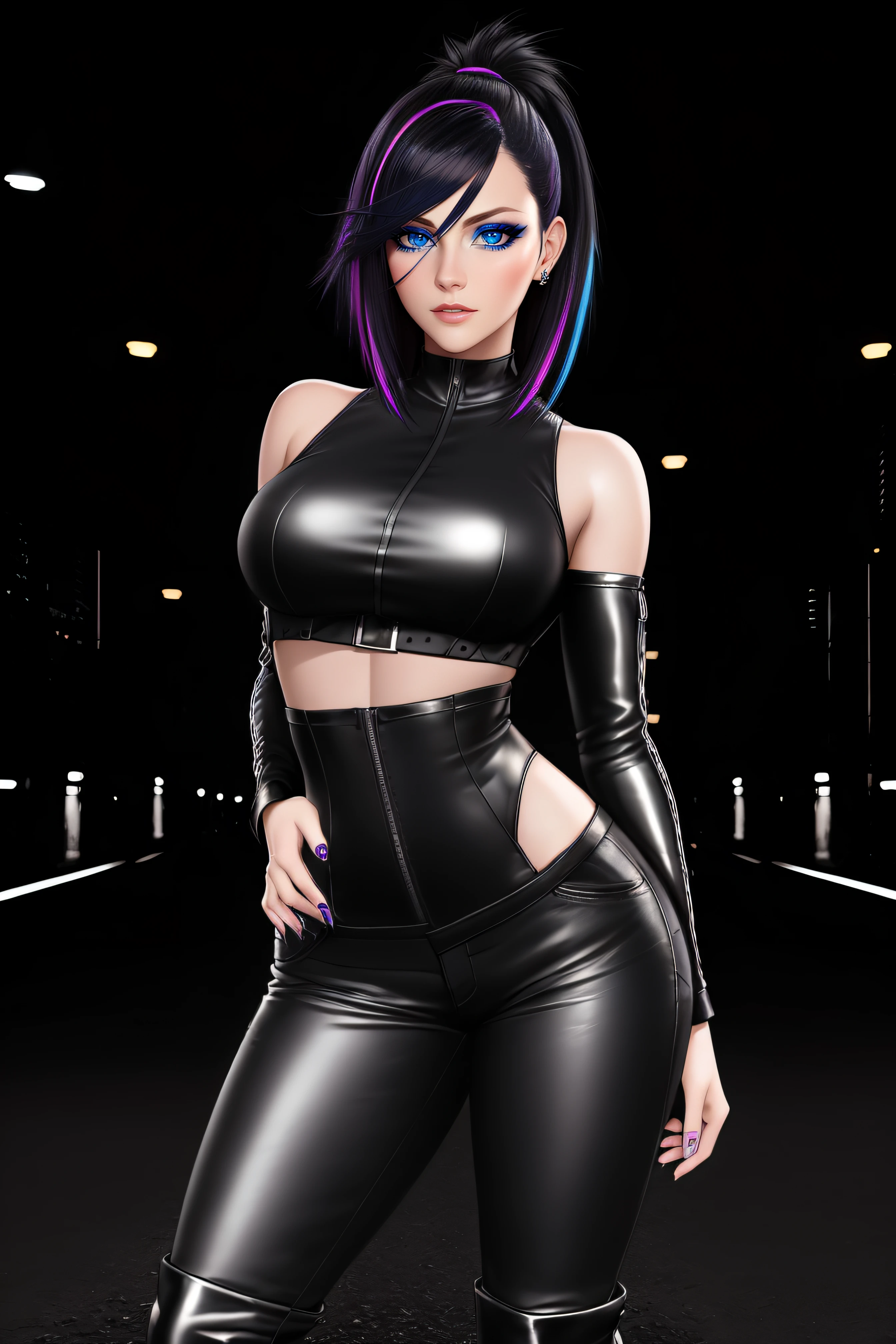 beautiful girl, ((standing:1.4)), (confident gaze:1.1), full body, short bright neon streaked black hair, ((realistic highly detailed eyes:1.4)), ((seductive pose:1.2)), black eyeshadow, (street style wear:1.2), ((tight fitted pants)), ((knee high leather boots)), (dark city night black background:1.4), dark makeup, digital art, trending on artstation, highly detailed, fine detail, intricate, detailed facial features, sharp focus, smooth, aesthetic,