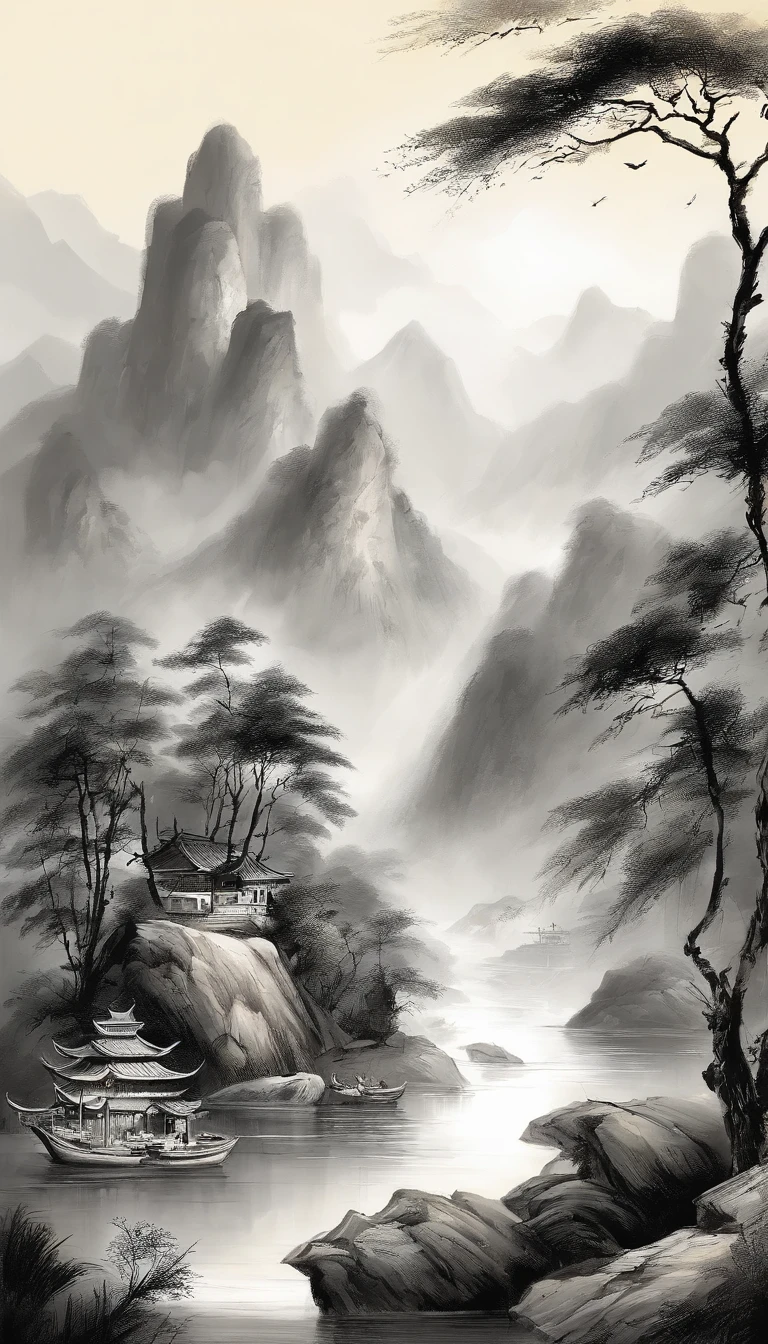 Chinese landscape painting,ink and watercolor painting,water ink,ink,Smudge,Faraway view,Ultra-wide viewing angle,Meticulous,Light boat in the distance,Faraway view,Meticulous,Smudge,low-saturation,Low contrast,The light boat has crossed the Ten Thousand Heavy Mountains,Beautifully depicted,A detailed,acurate,Works of masters,tmasterpiece