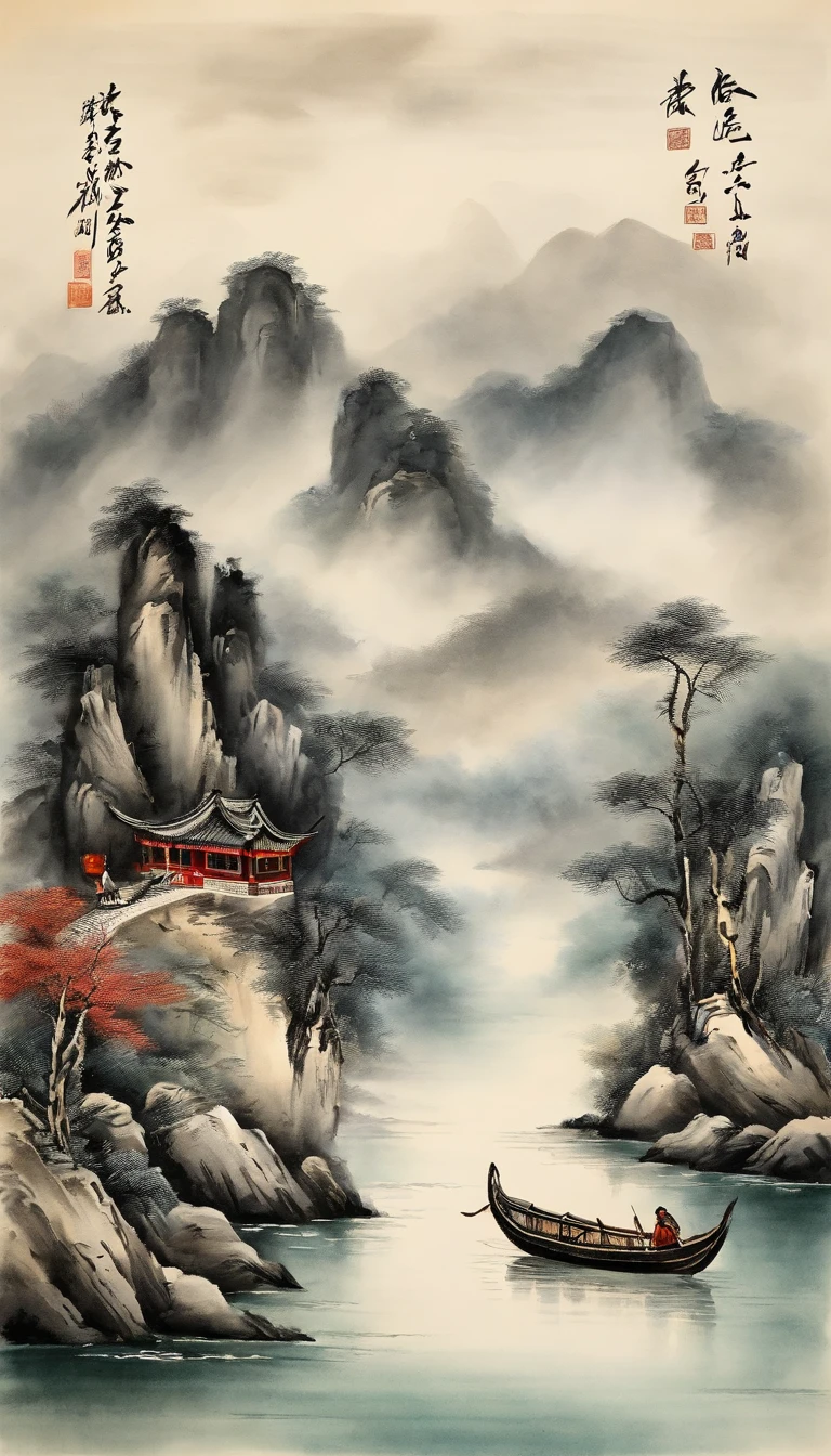 Chinese landscape painting，ink and watercolor painting，water ink，ink，Smudge，Meticulous，water ink，Smudge，Meticulous，Smudge，low-saturation，Low contrast，The light boat has crossed the Ten Thousand Heavy Mountains，Beautifully depicted，A detailed，acurate，Works of masters，tmasterpiece