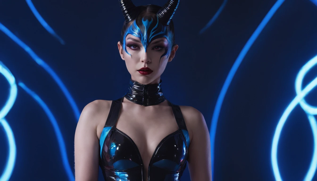 Demon woman dressed in latex leotard posing for a photo in a dark studio with blue neon circle behind her, half body shot, sensual pose, darksynth aesthetic, demon queen, demon woman with horns, latex bodysuit, ultra detailed, photorealistic, masterpiece.