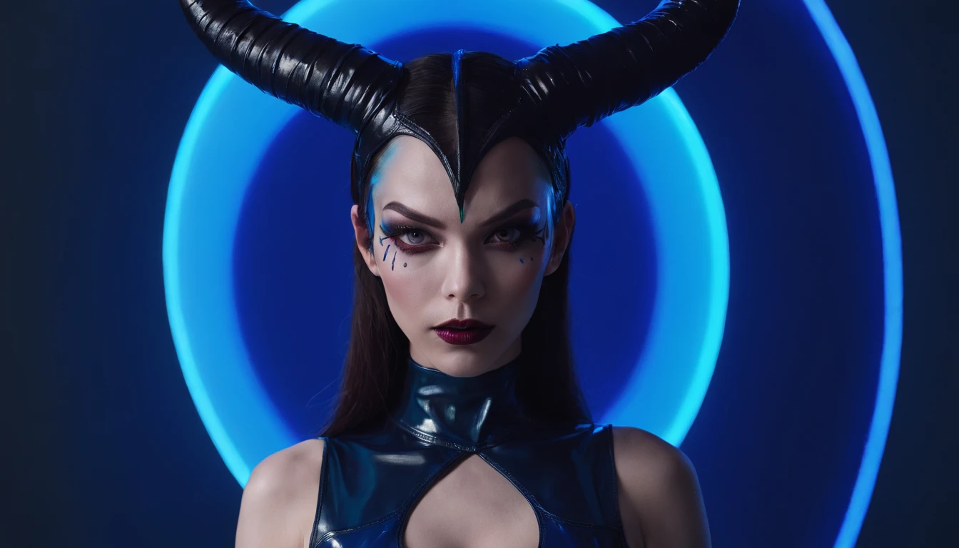 Demon woman dressed in latex leotard posing for a photo in a dark studio with blue neon circle behind her, half body shot, sensual pose, darksynth aesthetic, demon queen, demon woman with horns, latex bodysuit, ultra detailed, photorealistic, masterpiece.