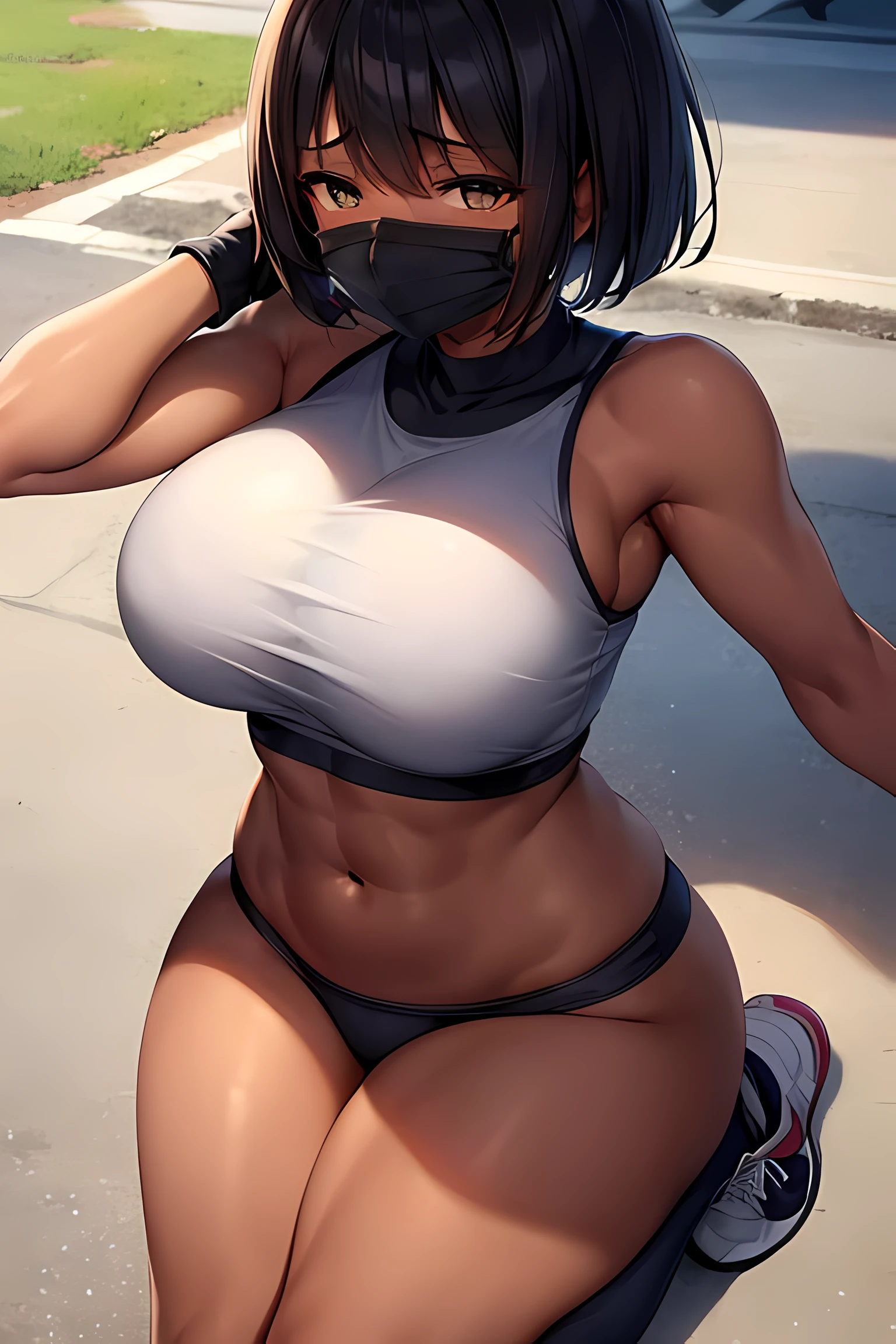 dark-skinned girl, big breasts, big ass, tomboy, gym outfit, mouth mask, sweating, roof of school, both hands on head, bob cut, black gloves, white sneakers, full body, sunny weather, from front, beautifully drawn eyes, perfect face, perfect body, muscular, naval, abs, beautiful girl, disgruntled