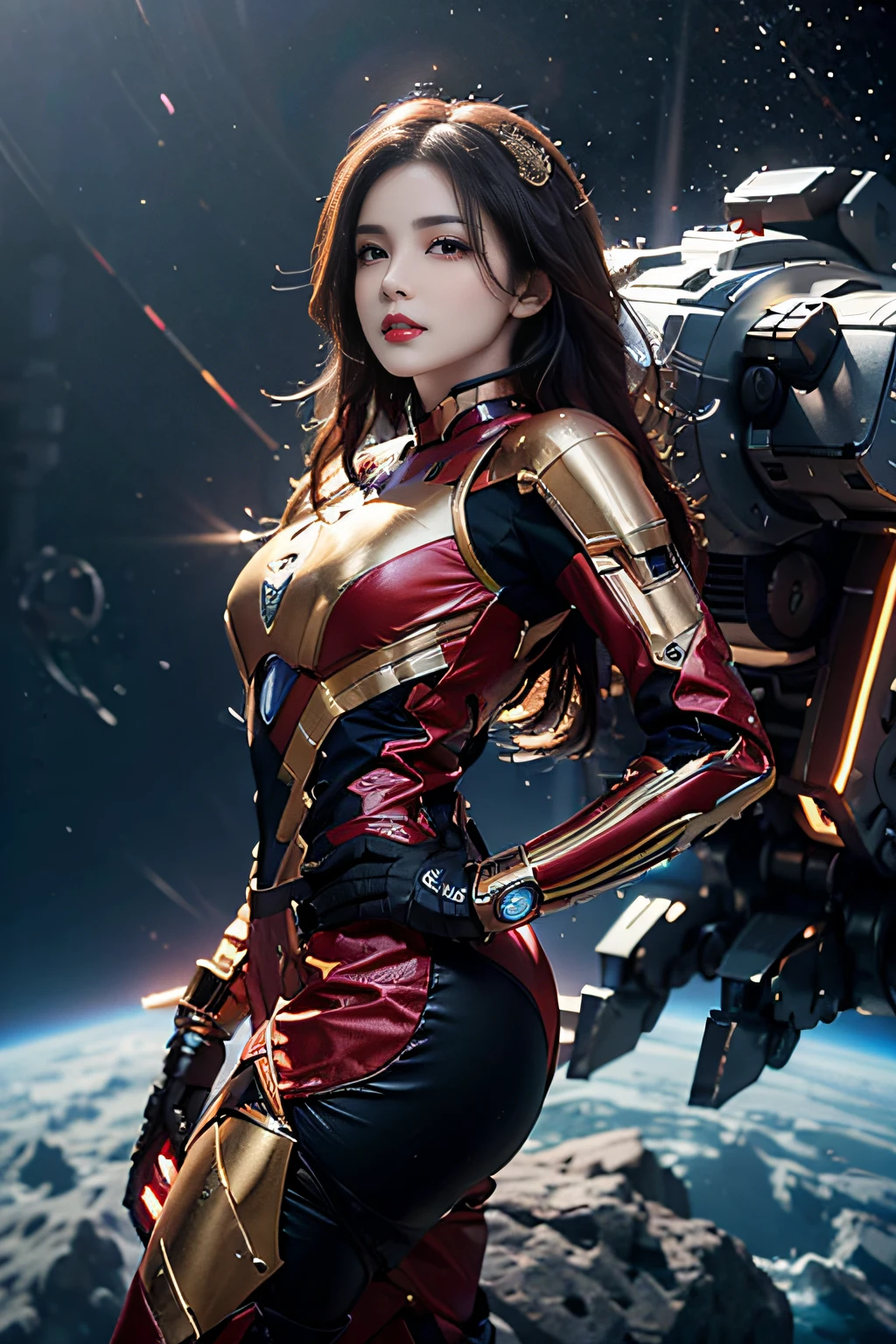 RAW, Masterpiece, Super Fine Photo,, Best Quality, Ultra High Resolution, Photorealistic Photorealism, Sunlight, Full Body Portrait, Amazing Beauty,,Dynamic Pose,Delicate Face,Vibrant Eyes,(From the side), She Wears Futuristic Iron Man Mech, Red and Gold Color Scheme, Very Detailed Space Background, Detailed Face, Detailed Complex Space Background, Messy, Gorgeous, Milky White, Highly Detailed Skin, Realistic Skin Details, Visible Pores, Sharp Focus, Volumetric Fog, 8K UHD, DSLR camera, high quality, film grain, fair skin, photorealism, lomography, starship in space, seen from below, translucent