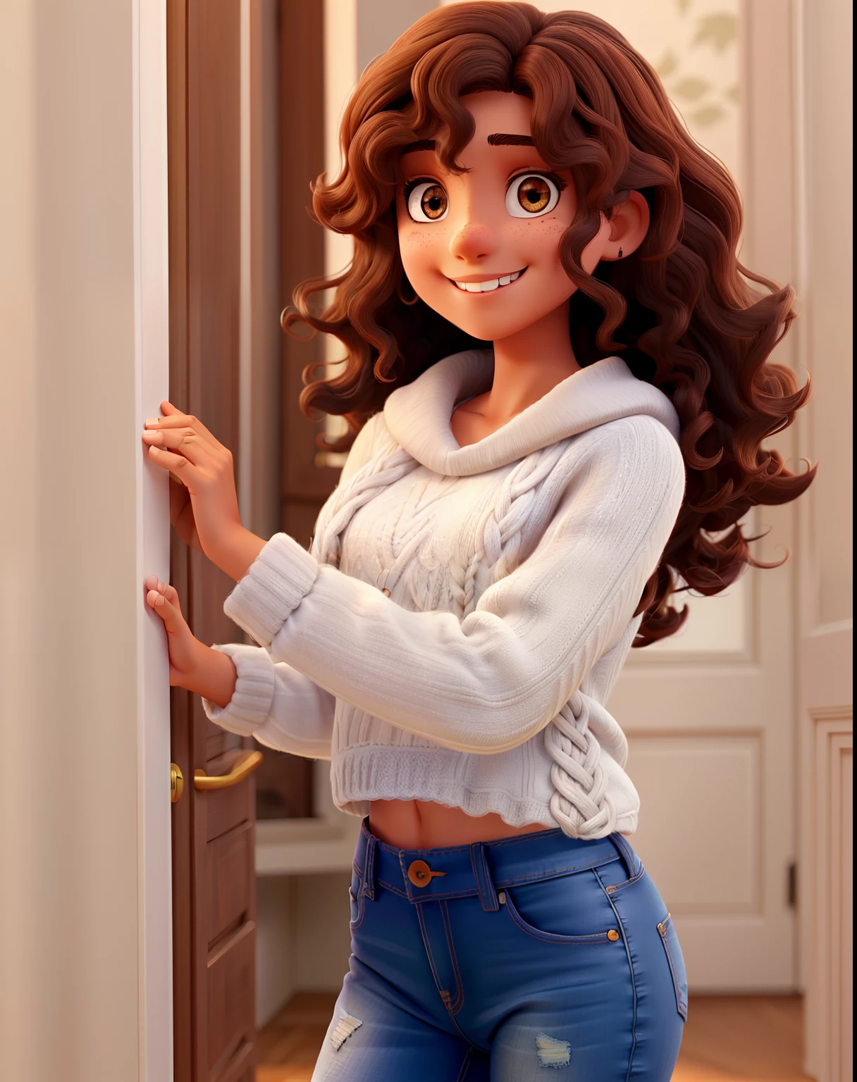 A tanned brunette beautiful girl with medium curly hair with dark brown and, Dark eyes in jeans and white knitting smiling