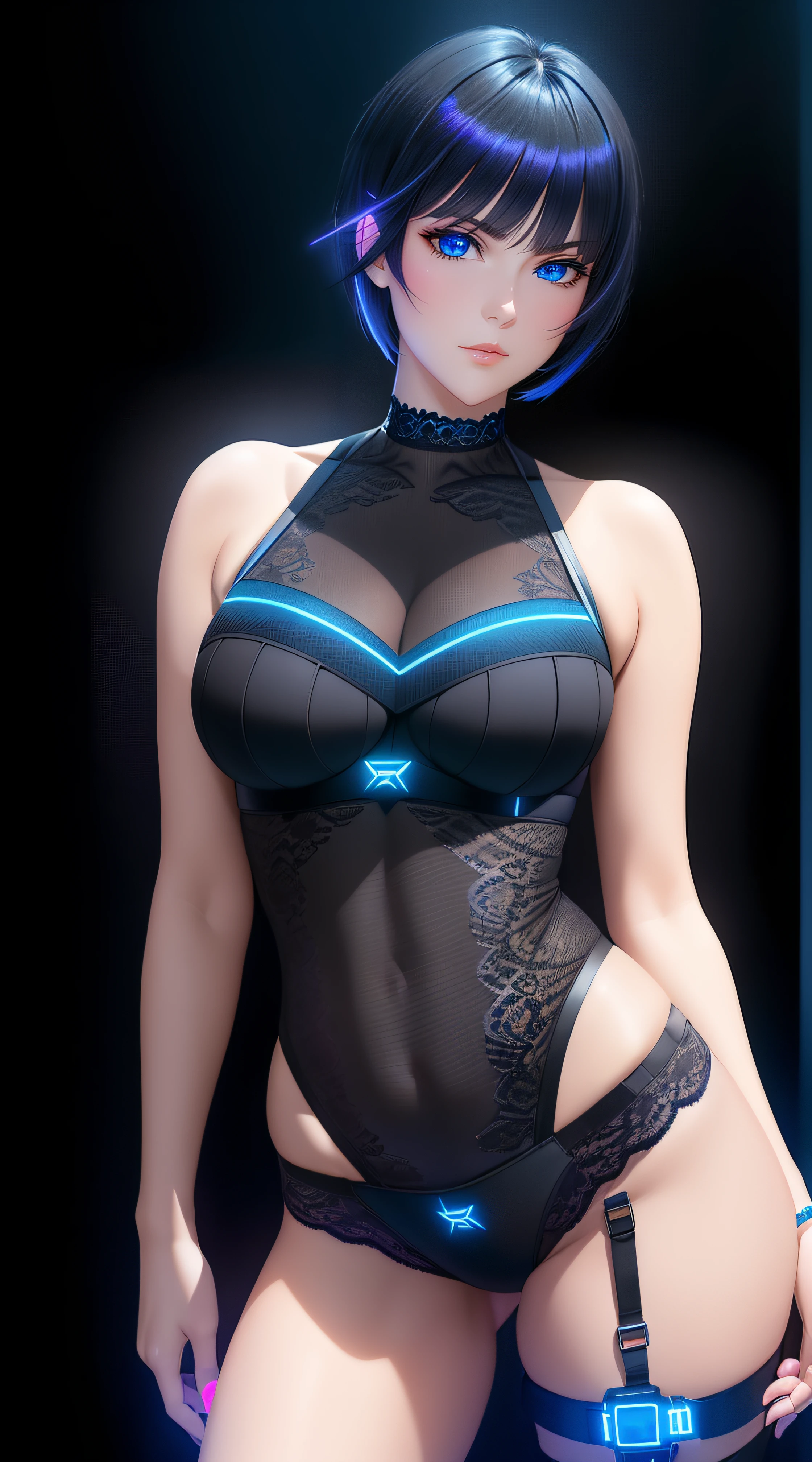 25-Year-Old Woman, Full Body, Adult, Dark Blue Water-Colored Eyes, Bright Neon Lighting, Black Bob Short Hair, strip club outfit, lace underwear, Serious Face, Realistic Face Resolution, Realistic, Object Resolution, (dark city night black background:1.4)