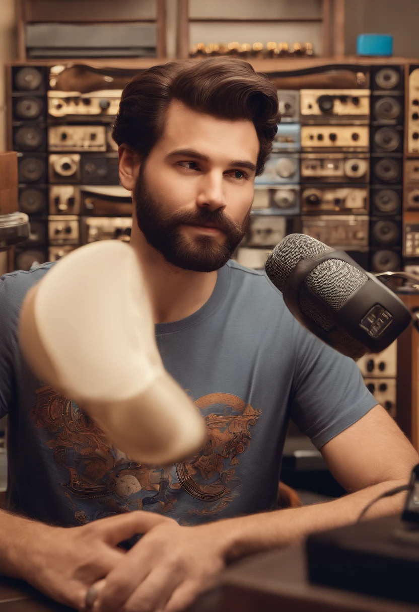 um homem, em breve, barba curta, olhos castanhos, com fones de ouvido, A music studio in the background, Imagem no estilo Pixar, Estilo de filme animado 3D, Disney, camiseta preta