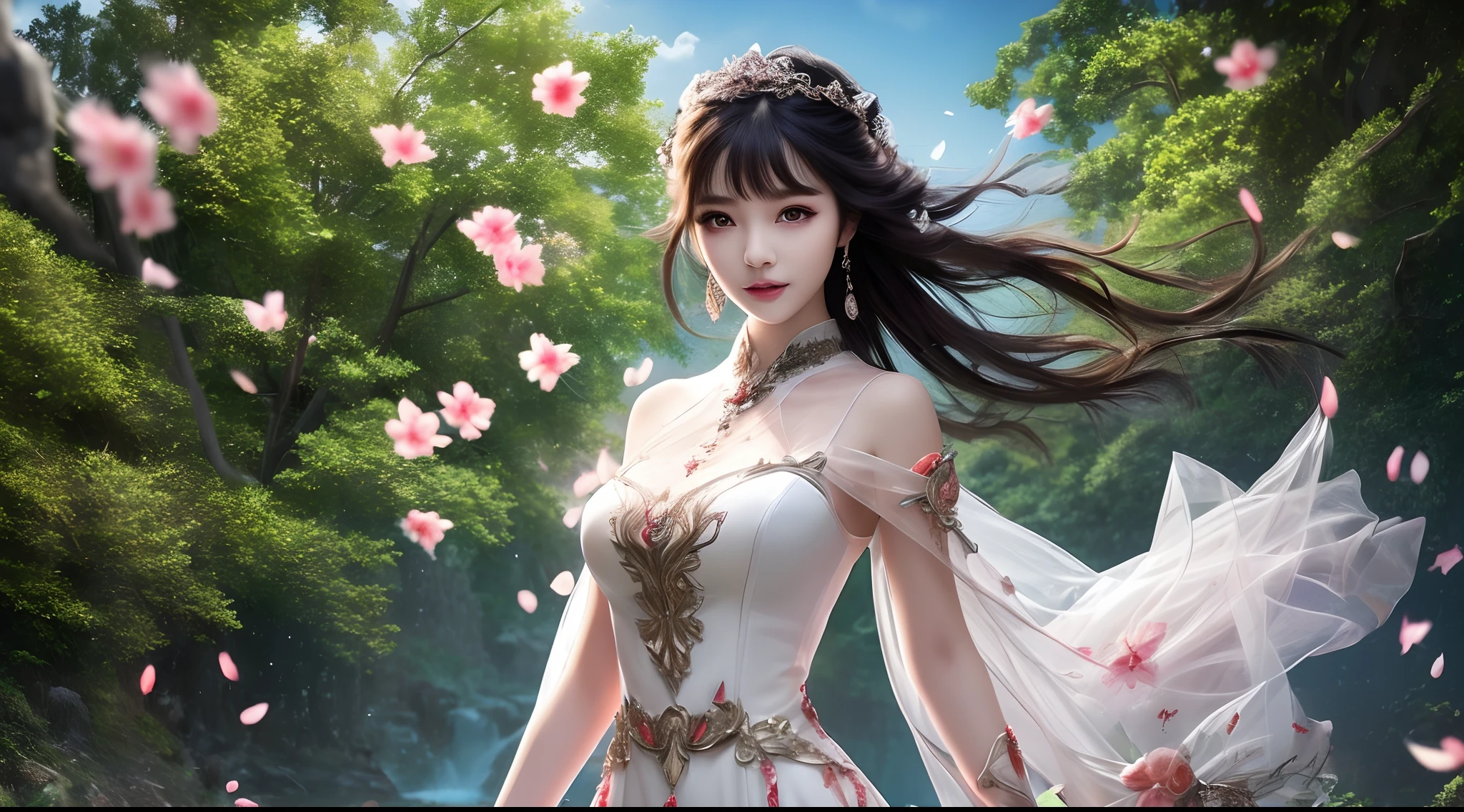 8k ultra hd, mastermiece, a girl, good face, detailed, eyes, beautiful lips, very hong hair, spreading hair, medium breasts, wedding dress, white dress, in the park, flying birds, blowing winds, clear weather, whole body capture,