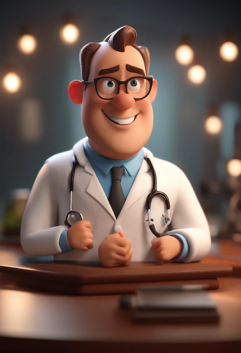 Cartoon character of a man with almost shaved hair wearing a doctor's lab coat, um personagem animado, Caractere estilizado, animation style rendering, 3D estilizado, Arnold Maya render, 3 d render stylized, toon render keyshot, Personagem 3D, Personagem 3D, 3d rendering stylized, 3 d character render, personagem de desenho animado, Personagem de close up, Pose de personagem, (Estilo Pixar) (master part:1.2) (Bokeh) (melhor qualidade) (pele detalhada) (textura detalhada) (8k) (argila) (Cinematic lighting) (foco nítido,Senta e vaza a parte superior do corpo
