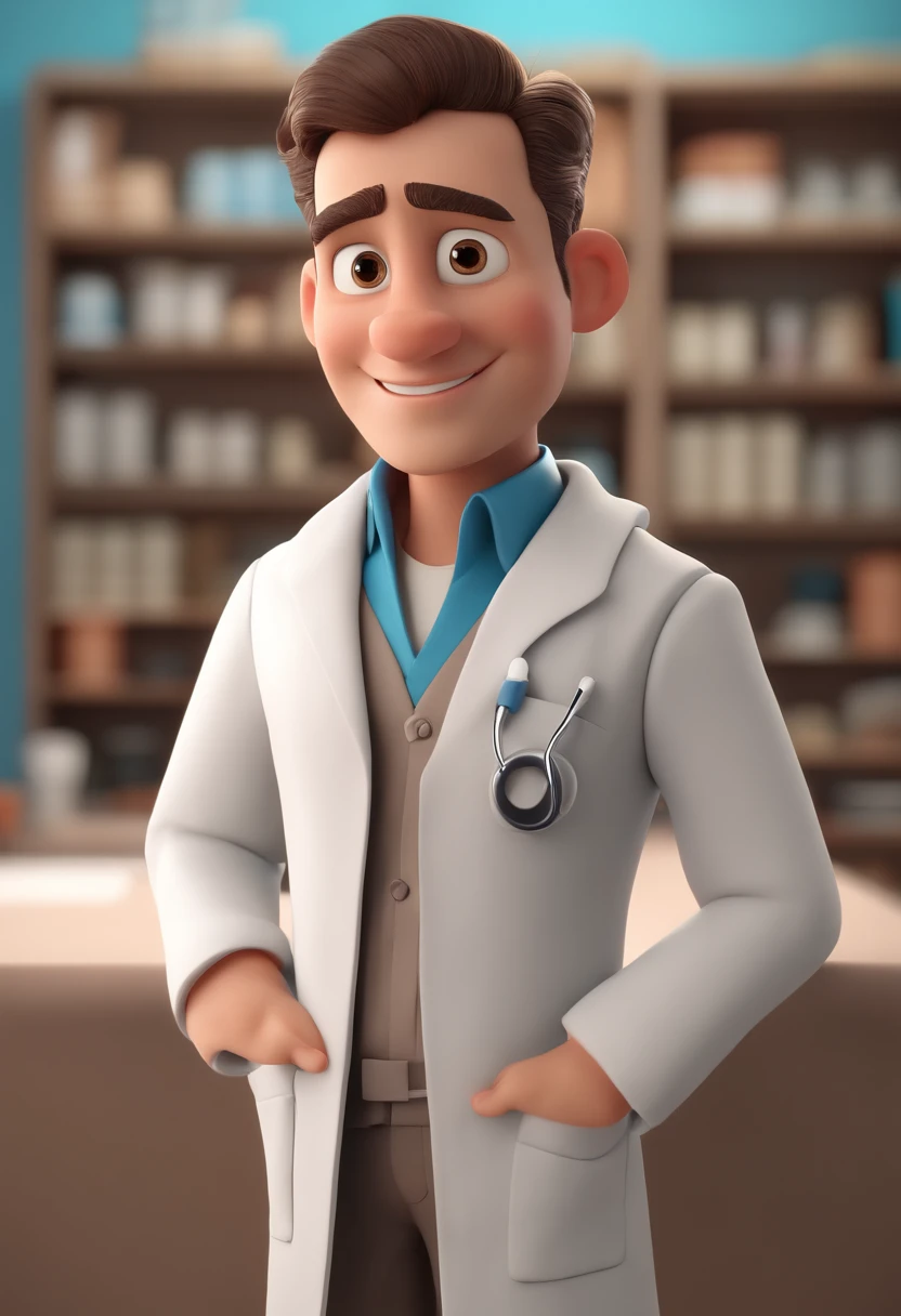 Cartoon character of a man with almost shaved hair wearing a doctor's lab coat, um personagem animado, Caractere estilizado, animation style rendering, 3D estilizado, Arnold Maya render, 3 d render stylized, toon render keyshot, Personagem 3D, Personagem 3D, 3d rendering stylized, 3 d character render, personagem de desenho animado, Personagem de close up, Pose de personagem, (Estilo Pixar) (master part:1.2) (Bokeh) (melhor qualidade) (pele detalhada) (textura detalhada) (8k) (argila) (Cinematic lighting) (foco nítido,Senta e vaza a parte superior do corpo