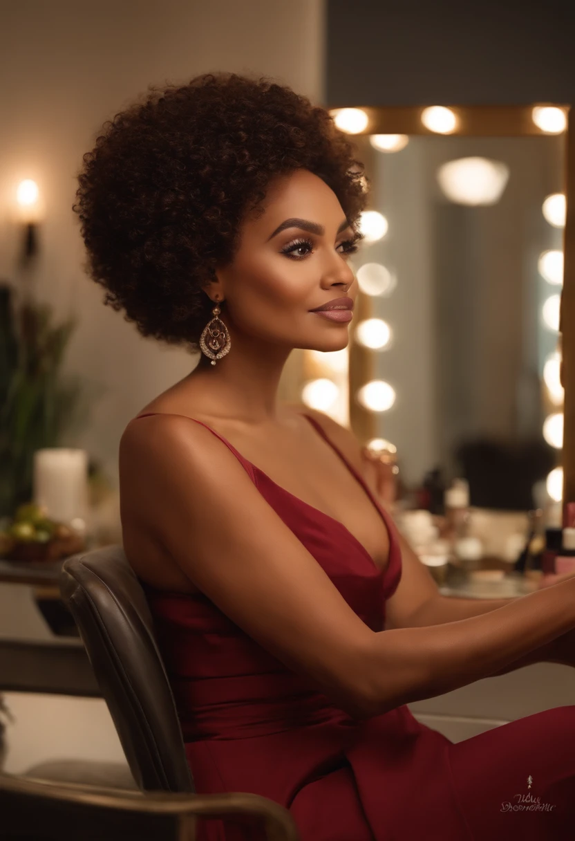 A film inspired by Disney Pixar, 50 years old mulatto woman with medium hair, short, brown, dark curly ) dentro A cena estar na arte distinta do estilo PIXAR, descolada e estilosa trabalha como maquiadora,With brushes and makeup products in hand ready to do makeup on a client,Inside a beauty salon you see the client's face in the mirror client young white woman