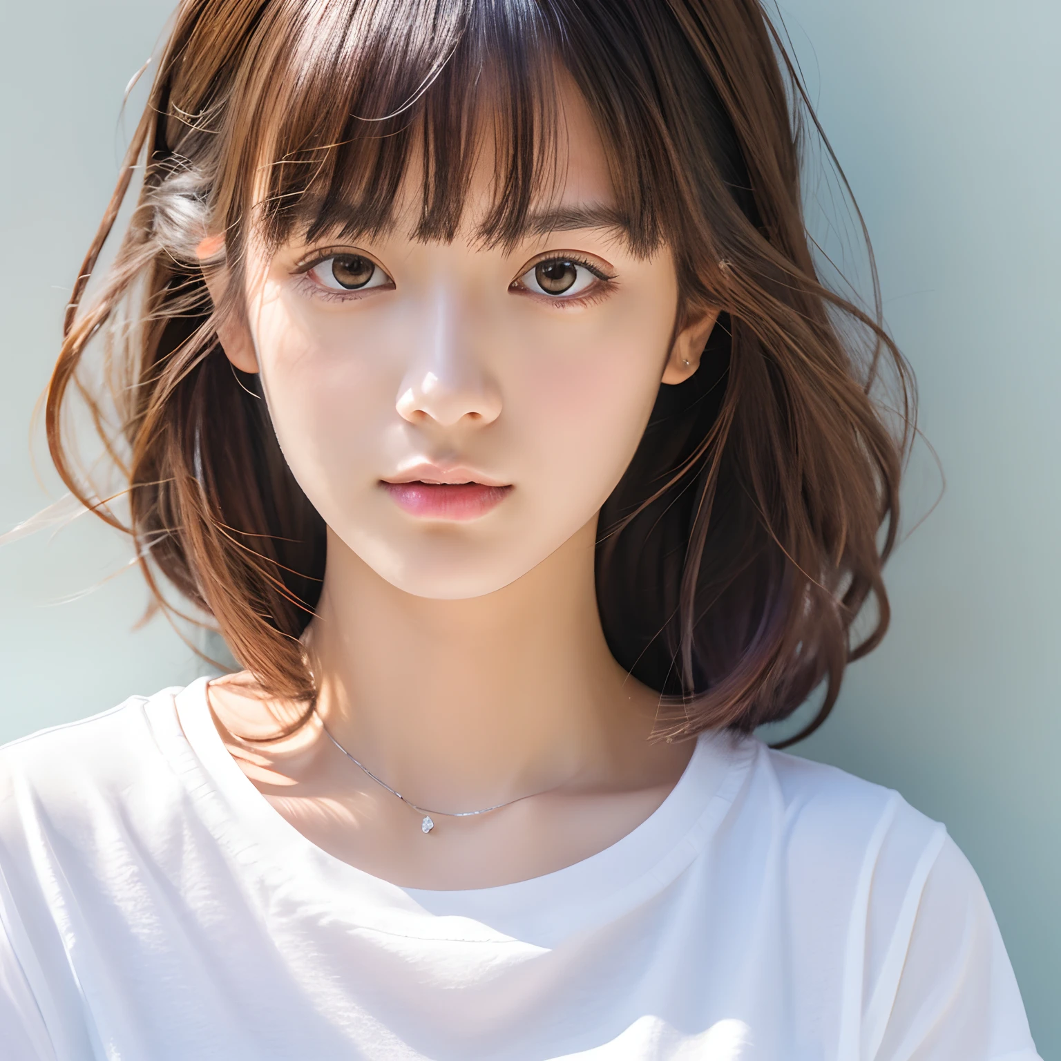 (masutepiece),(Best Quality:1.1),(Ultra-detailed),Best Illustration,finely detail,(Portrait:1.1),(intense close-ups),watercolor paiting)floating,1girl in,Solo,23 years old,slim,(extremely delicate and beautiful face),(Detailed beautiful eyes),pink thick lips,(disheveled hair),(Wearing a white baggy T-shirt),Soft and lazy,(Simple background:1.2)Whole color background,Clear,4K