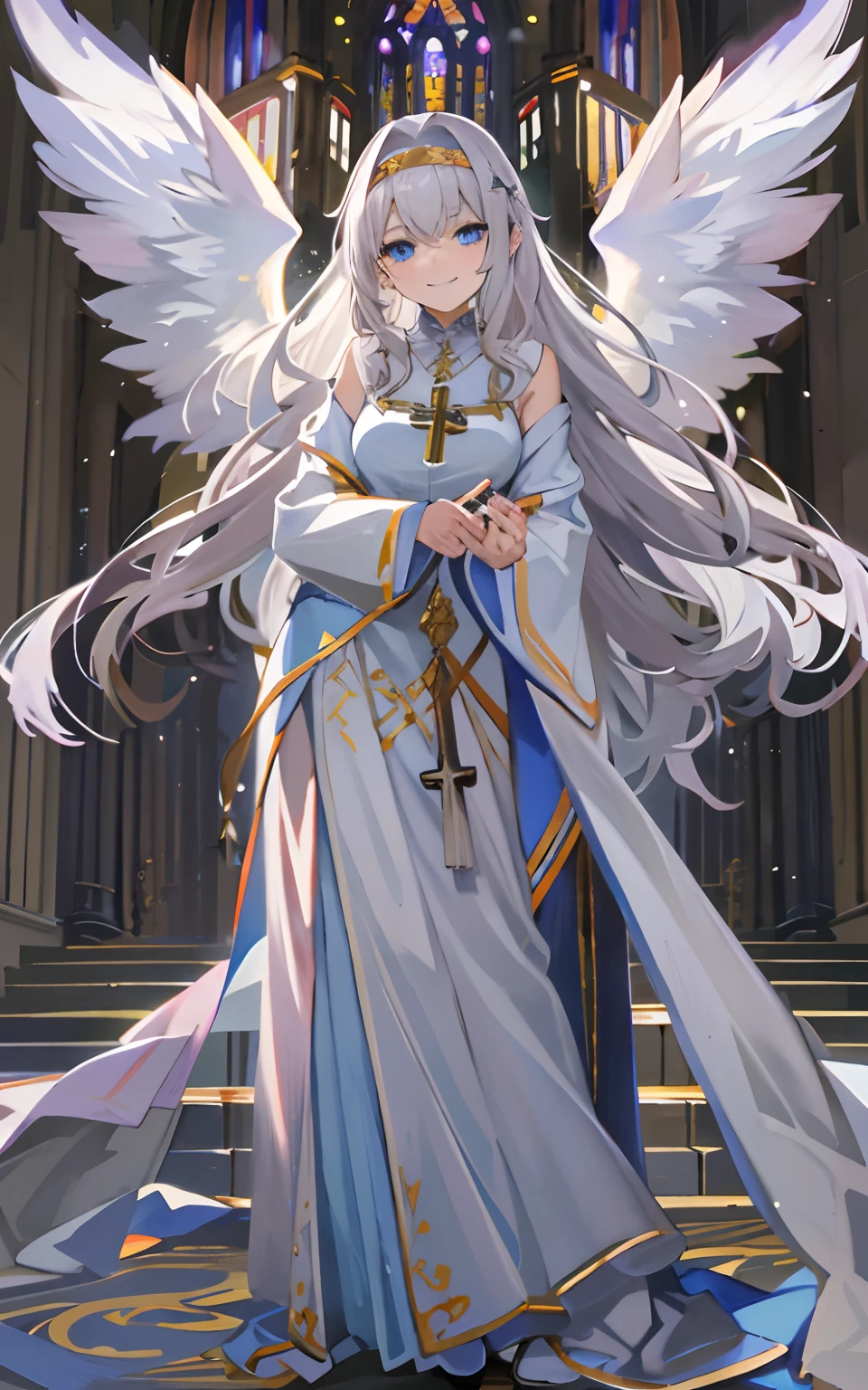 (Masterpiece: 1.5), (Best Quality: 1.5), Perfect Eyes, Perfect Face, Volumetric Lighting, 1 Woman, Mature Woman, (Whiteness: 5), angle, long grey hair, holy woman, church, long dress, small angle wings, full body, looking at the viewer, blue eyes, headband, cross, evil grin, big breasts, whip, sadistic smile,