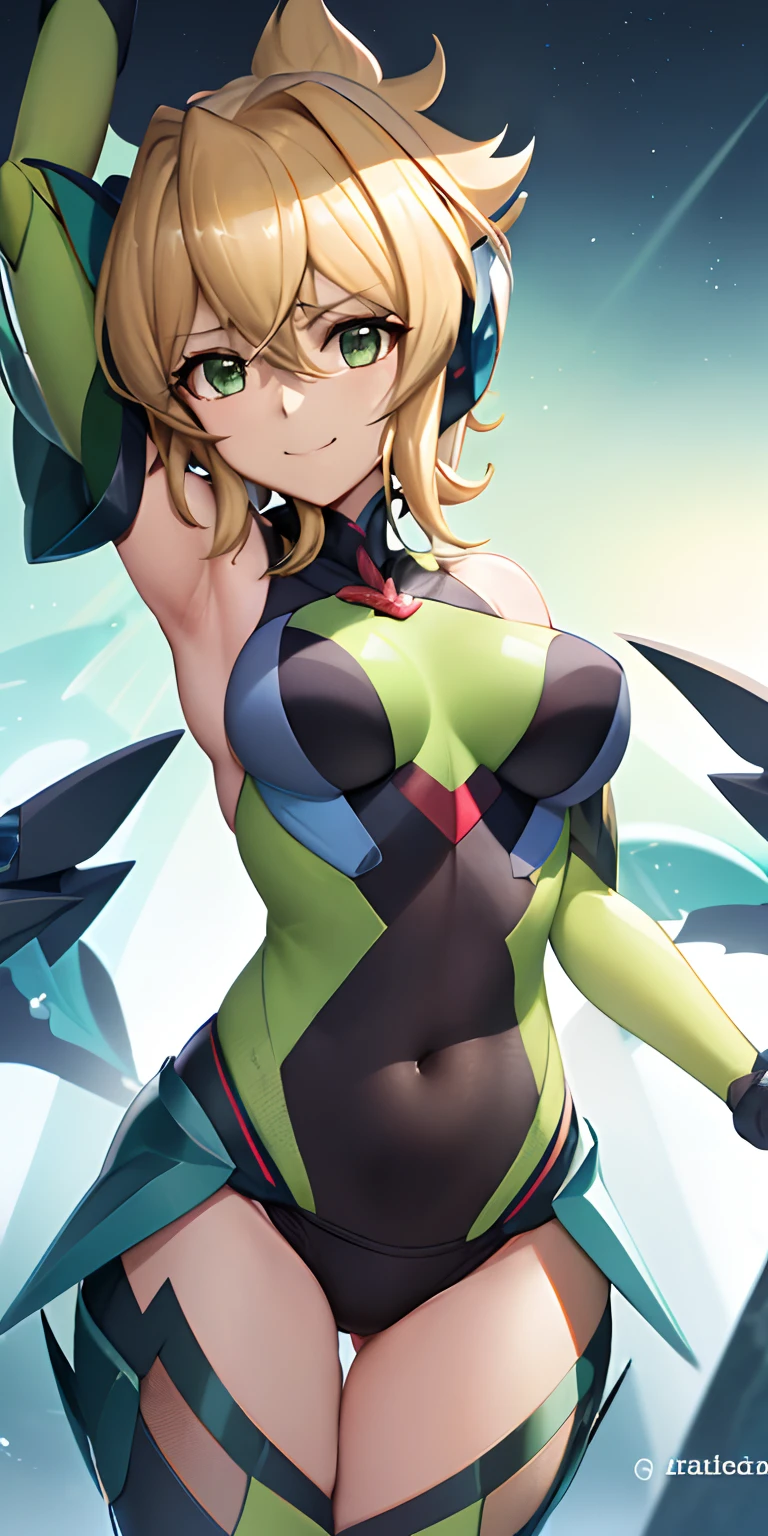 (Overhead view),dynamic angle,ultra-detailed, illustration, close-up, straight on, 1girl, 
 ((kirika akatsuki, interface headset, symphogear bodysuit:1.4, blonde hair, green eyes)),Her eyes shone like dreamy stars,(glowing eyes:1.233),(beautiful and detailed eyes:1.1),(expressionless,closed mouth),(standing), 
(bedroom, he was showing enthusiasm with a smile),
(night:1.2),dreamy, [[delicate fingers and hands:0.55]::0.85],(detail fingers),