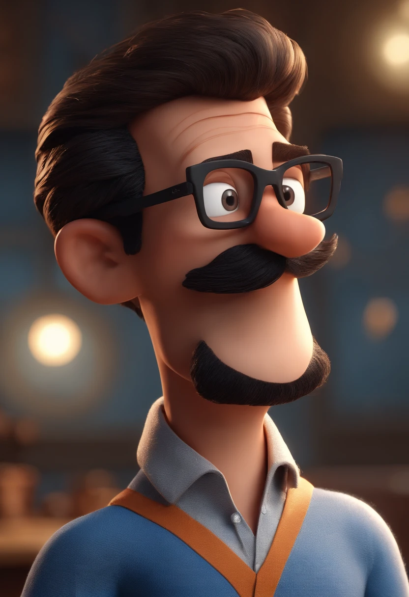 Cartoon character of a man with black glasses and a blue shirt, animation character, Caractere estilizado, animation style rendering, 3D estilizado, Arnold Maya render, 3 d render stylized, toon render keyshot, Personagem 3D, Personagem 3D, 3d rendering stylized, 3 d character render, personagem de desenho animado, Personagem de close up, Pose de personagem, (Estilo Pixar) (master part:1.2) (Bokeh) (best quality) (pele detalhada) (textura detalhada) (8k) (argila) (Cinematic lighting) (foco nítido