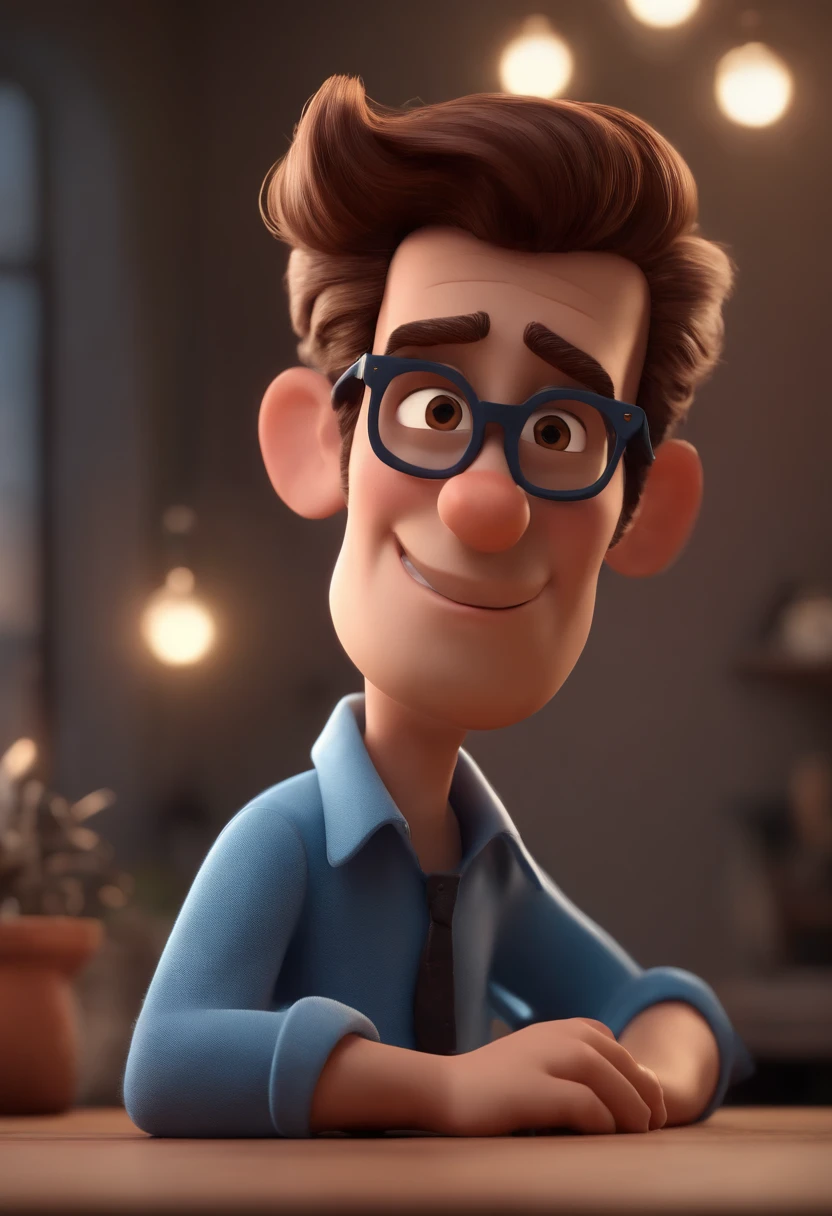 Cartoon character of a man with black glasses and a blue shirt, animation character, Caractere estilizado, animation style rendering, 3D estilizado, Arnold Maya render, 3 d render stylized, toon render keyshot, Personagem 3D, Personagem 3D, 3d rendering stylized, 3 d character render, personagem de desenho animado, Personagem de close up, Pose de personagem,  (Estilo Pixar) (master part:1.2) (Bokeh) (best quality) (pele detalhada) (textura detalhada) (8k) (argila) (Cinematic lighting) (foco nítido