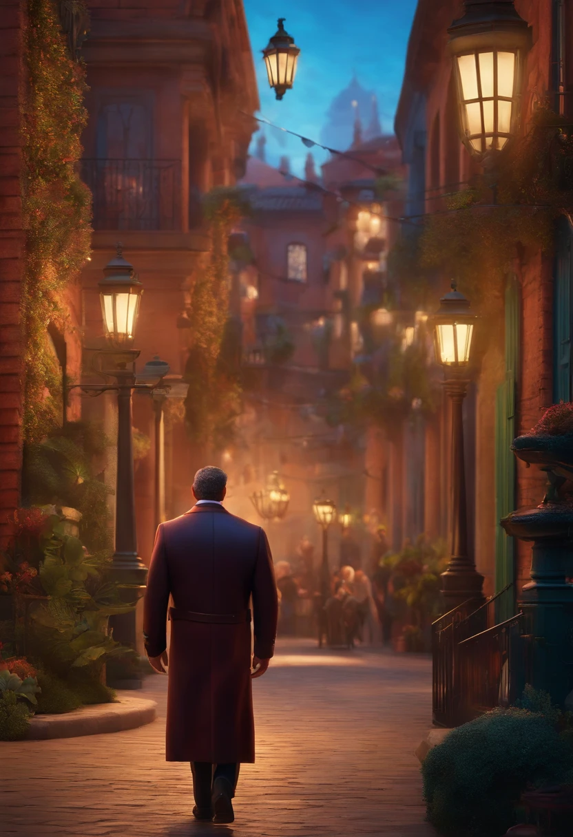 A city councilman looking at a dream project inspired by Pixar animation, de perto. The character takes center stage with captivating facial expressions, oferecendo um toque de irrealidade